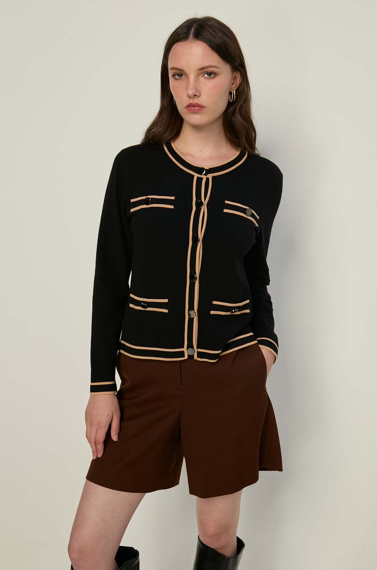 CONTRAST PIPING KNITTED CARDIGAN