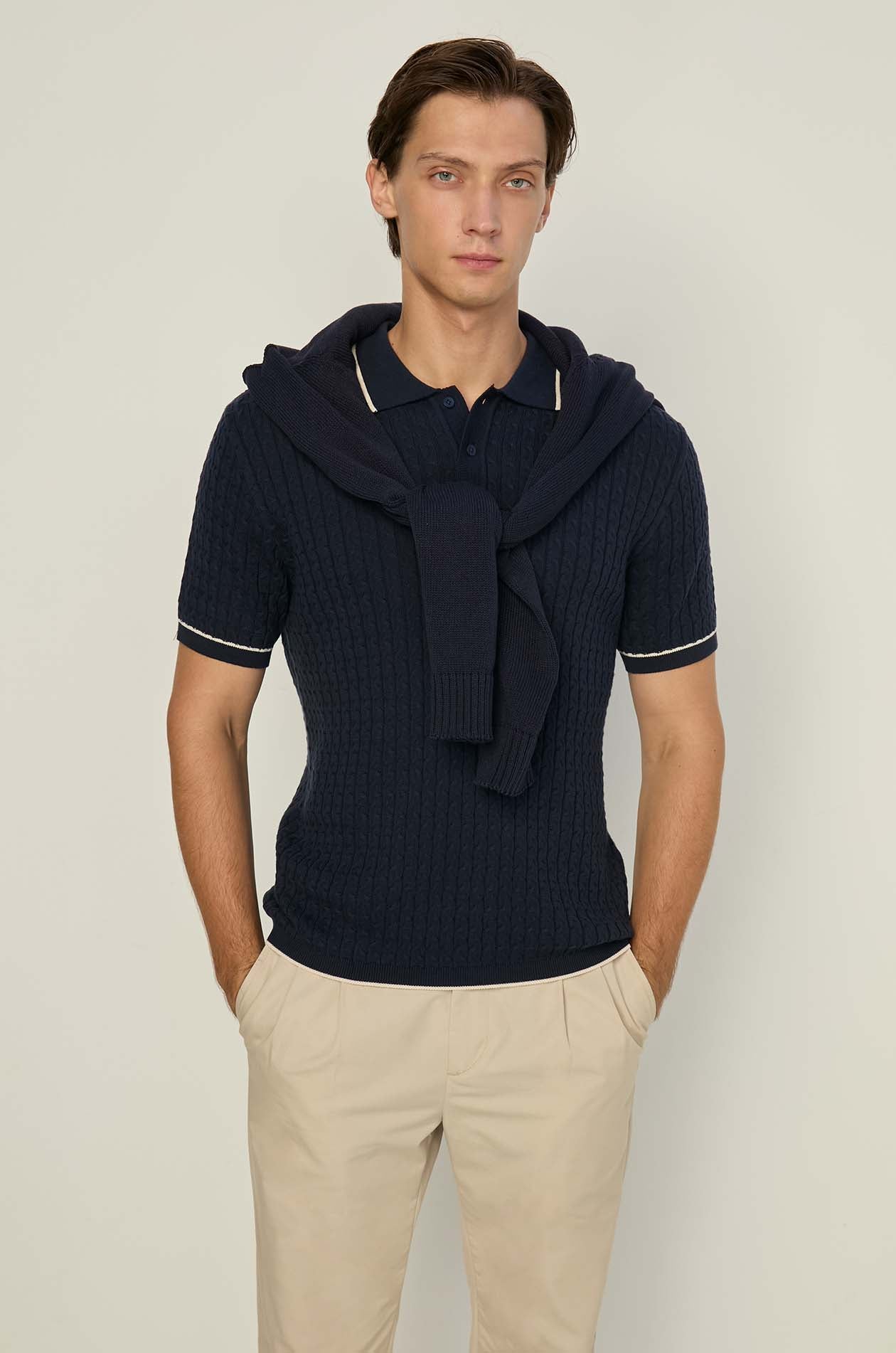 NAVY CABLE KNITTED POLO SHIRT