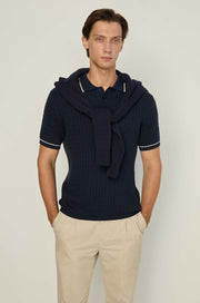 NAVY CABLE KNITTED POLO SHIRT