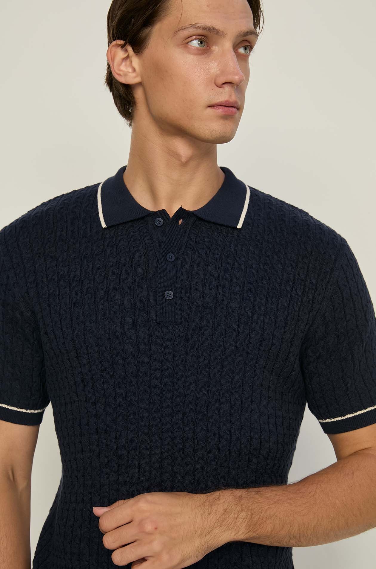 NAVY CABLE KNITTED POLO SHIRT