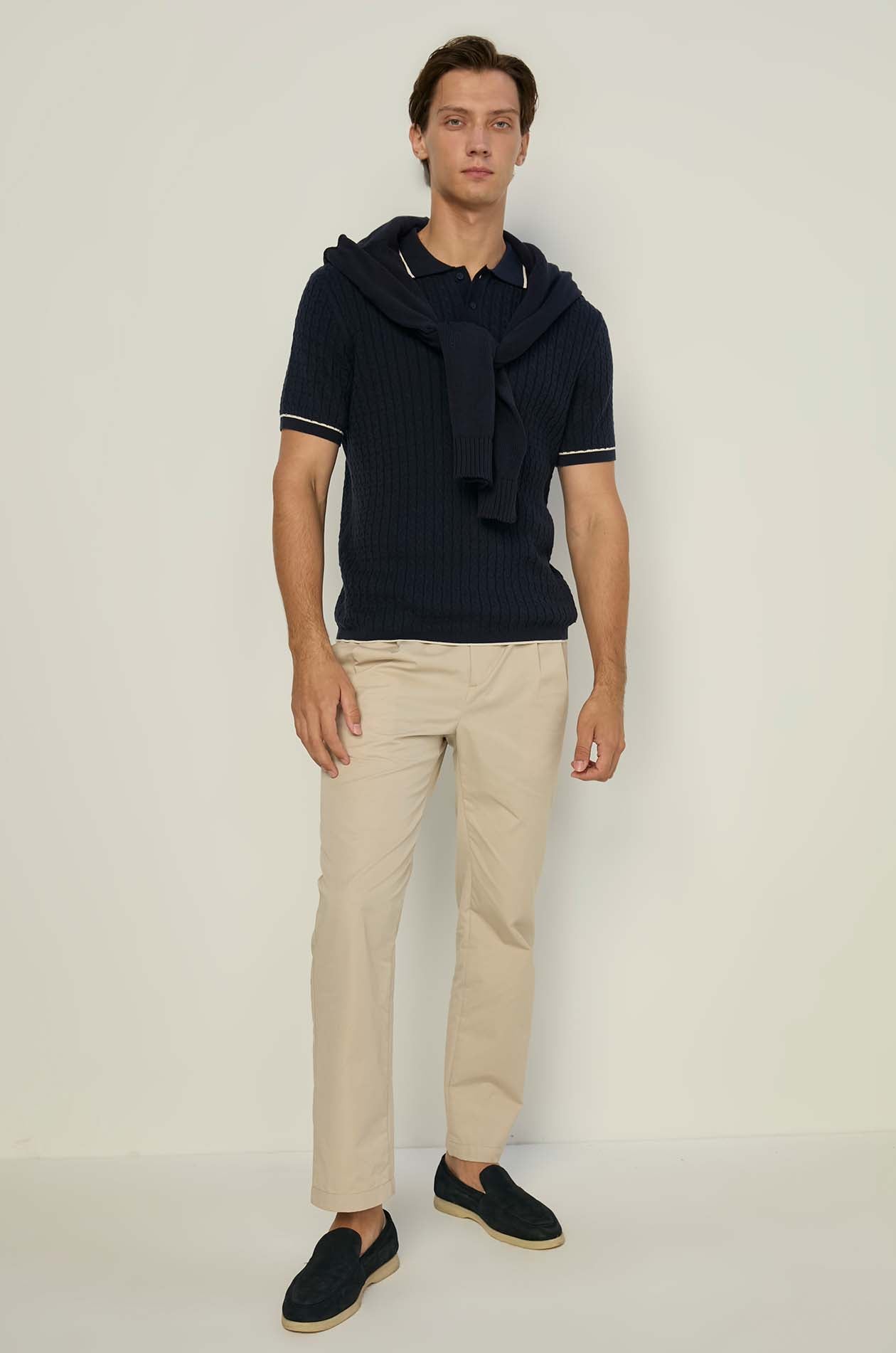 NAVY CABLE KNITTED POLO SHIRT