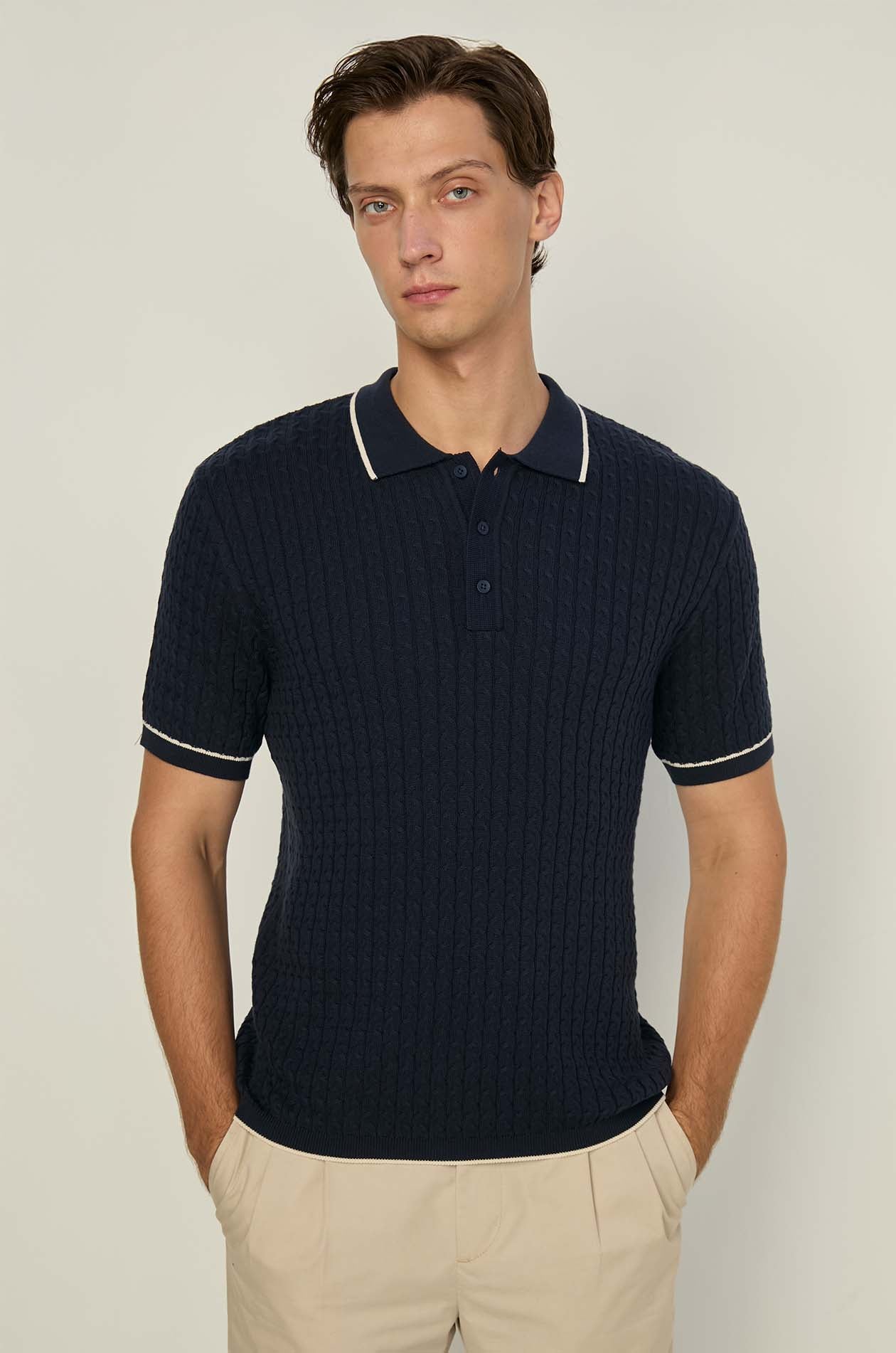 NAVY CABLE KNITTED POLO SHIRT