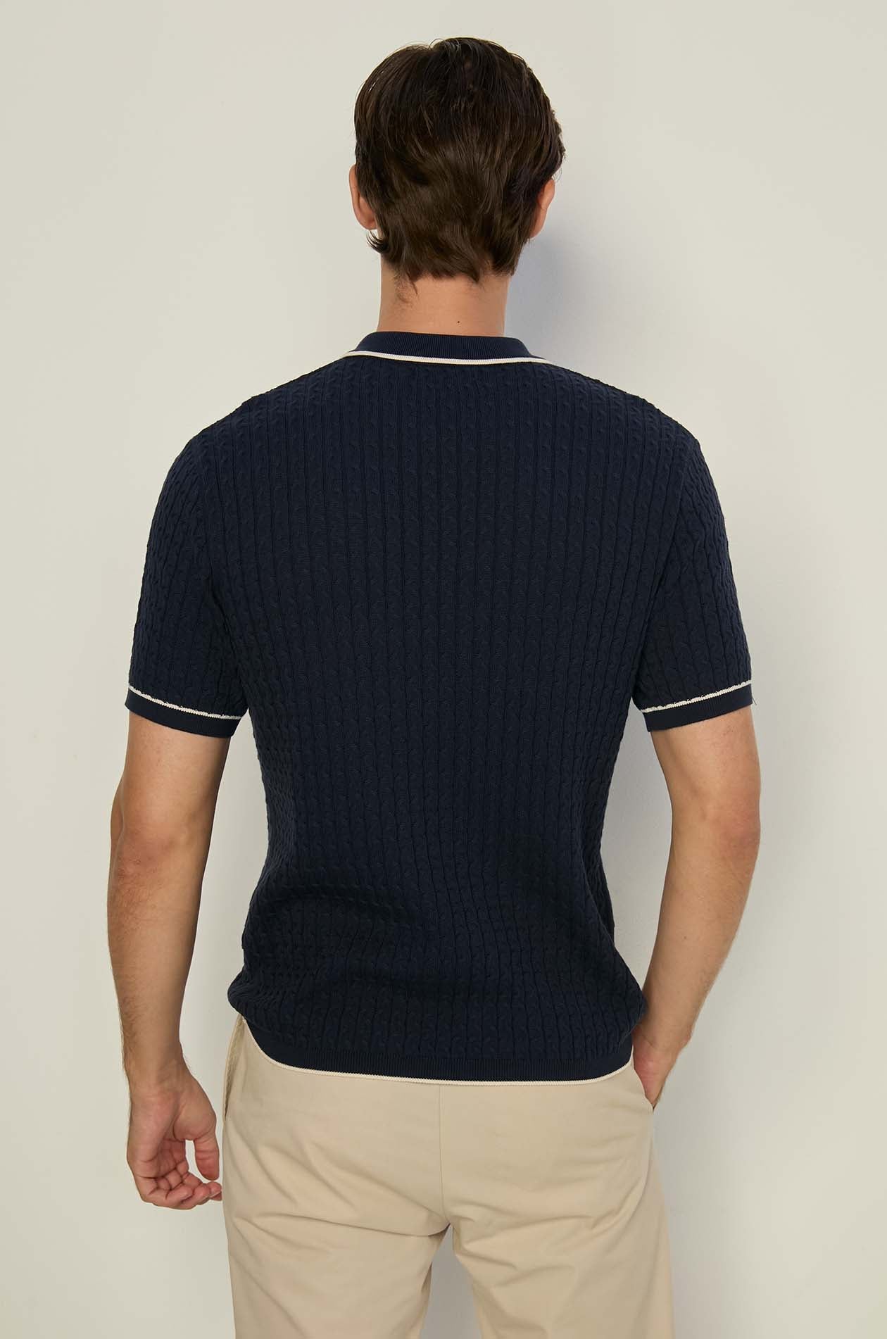 NAVY CABLE KNITTED POLO SHIRT