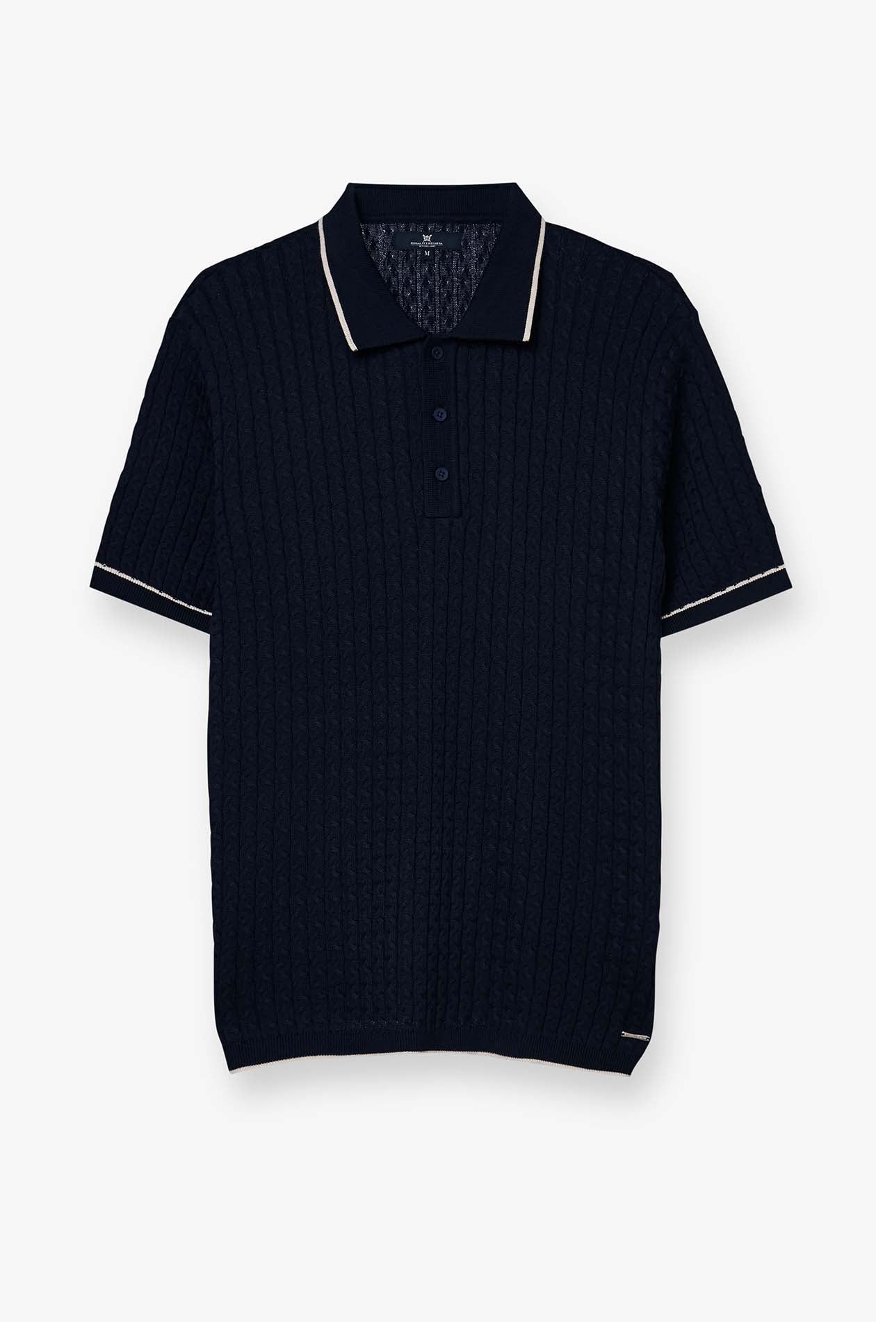 NAVY CABLE KNITTED POLO SHIRT