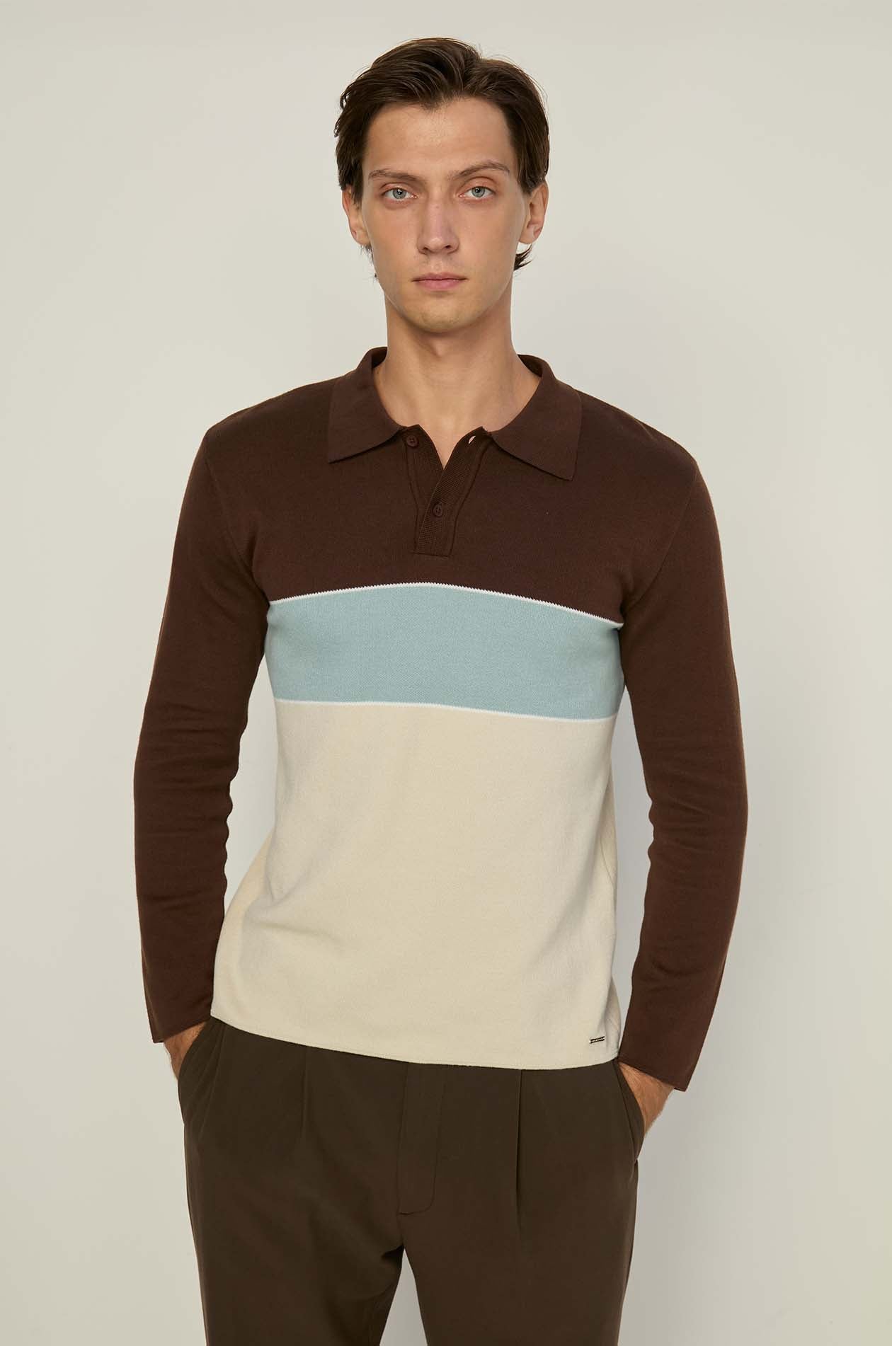 COLOR BLOCK LONG SLEEVE KNITTED POLO