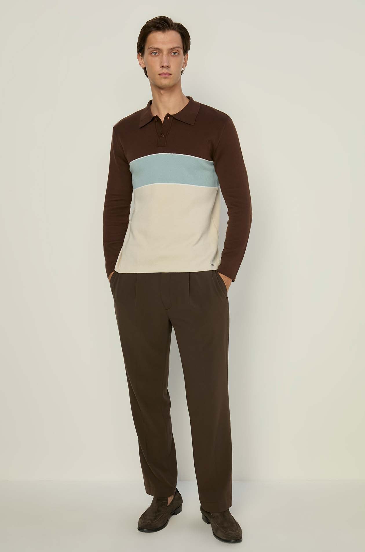 COLOR BLOCK LONG SLEEVE KNITTED POLO