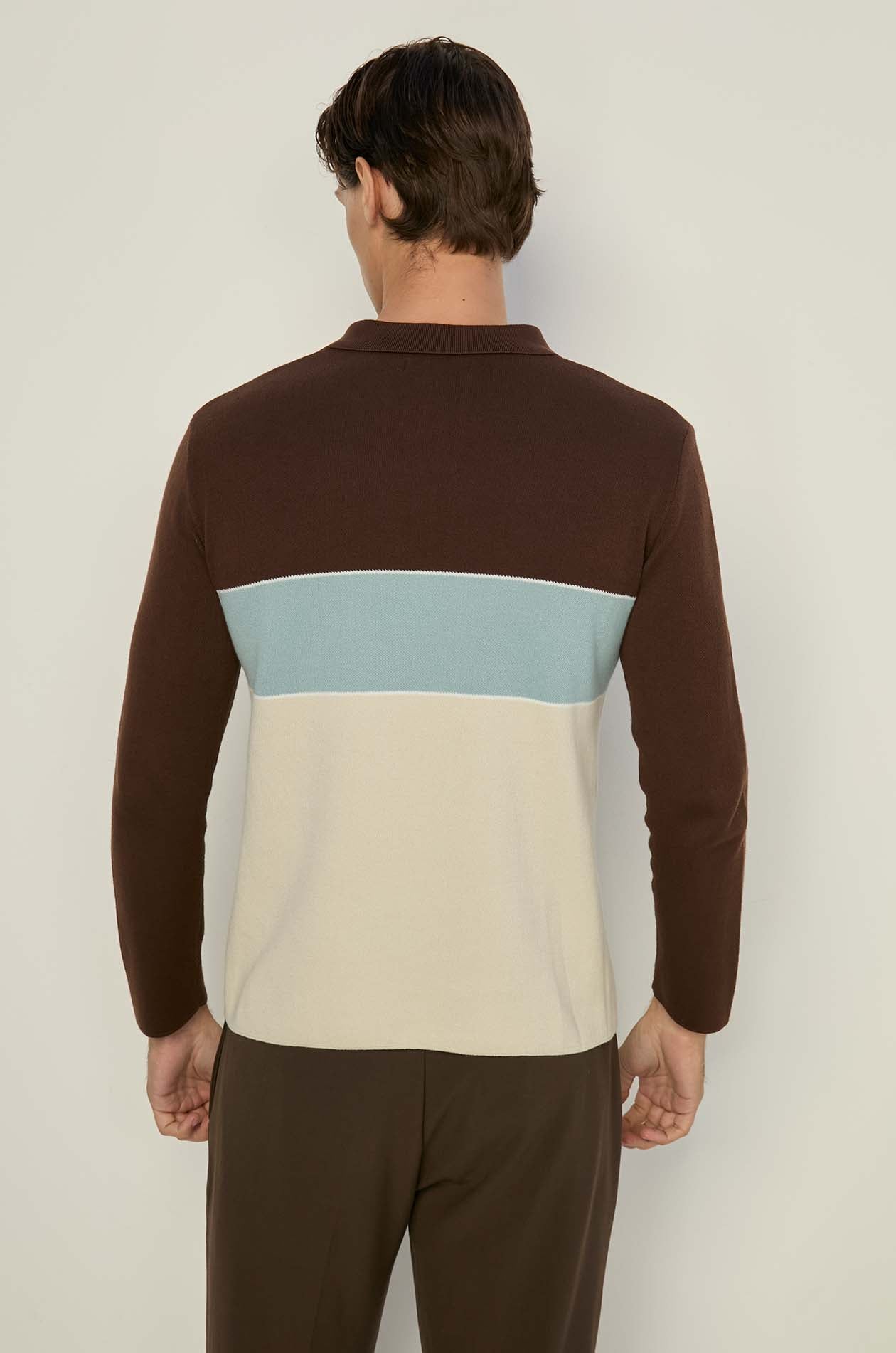 COLOR BLOCK LONG SLEEVE KNITTED POLO