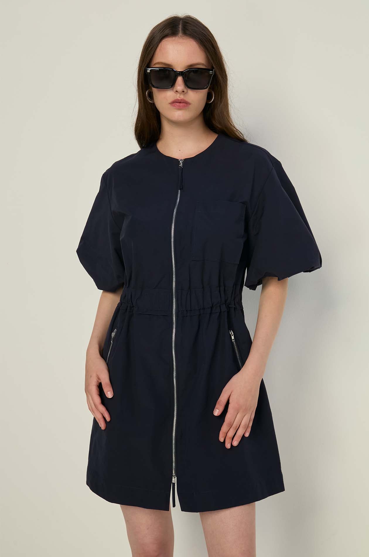 PUFF SLEEVE ZIP-UP DRESS