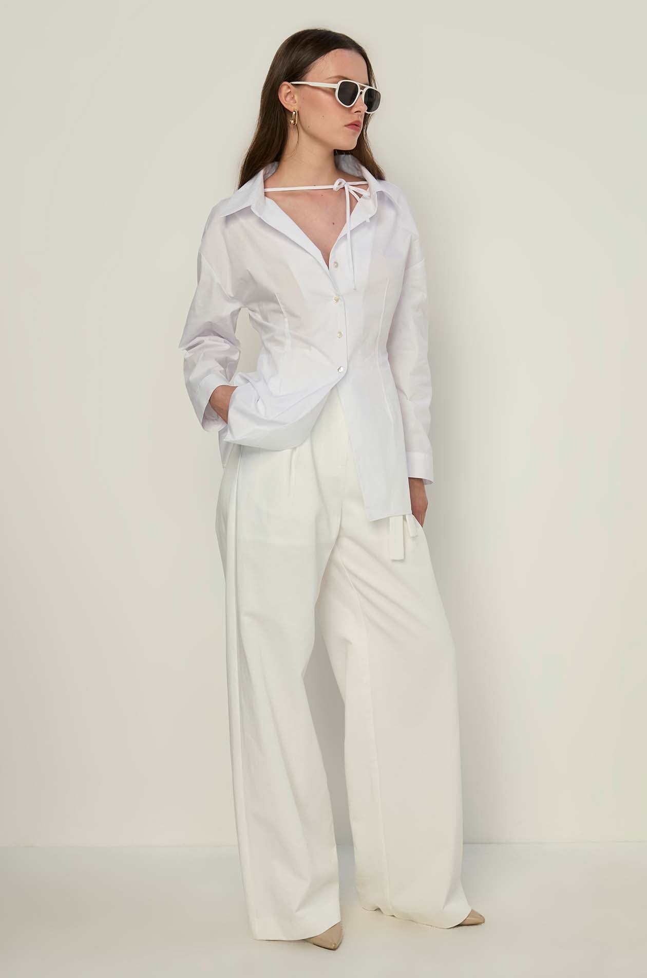 TAILORED LONG-SLEEVE TIE BLOUSE