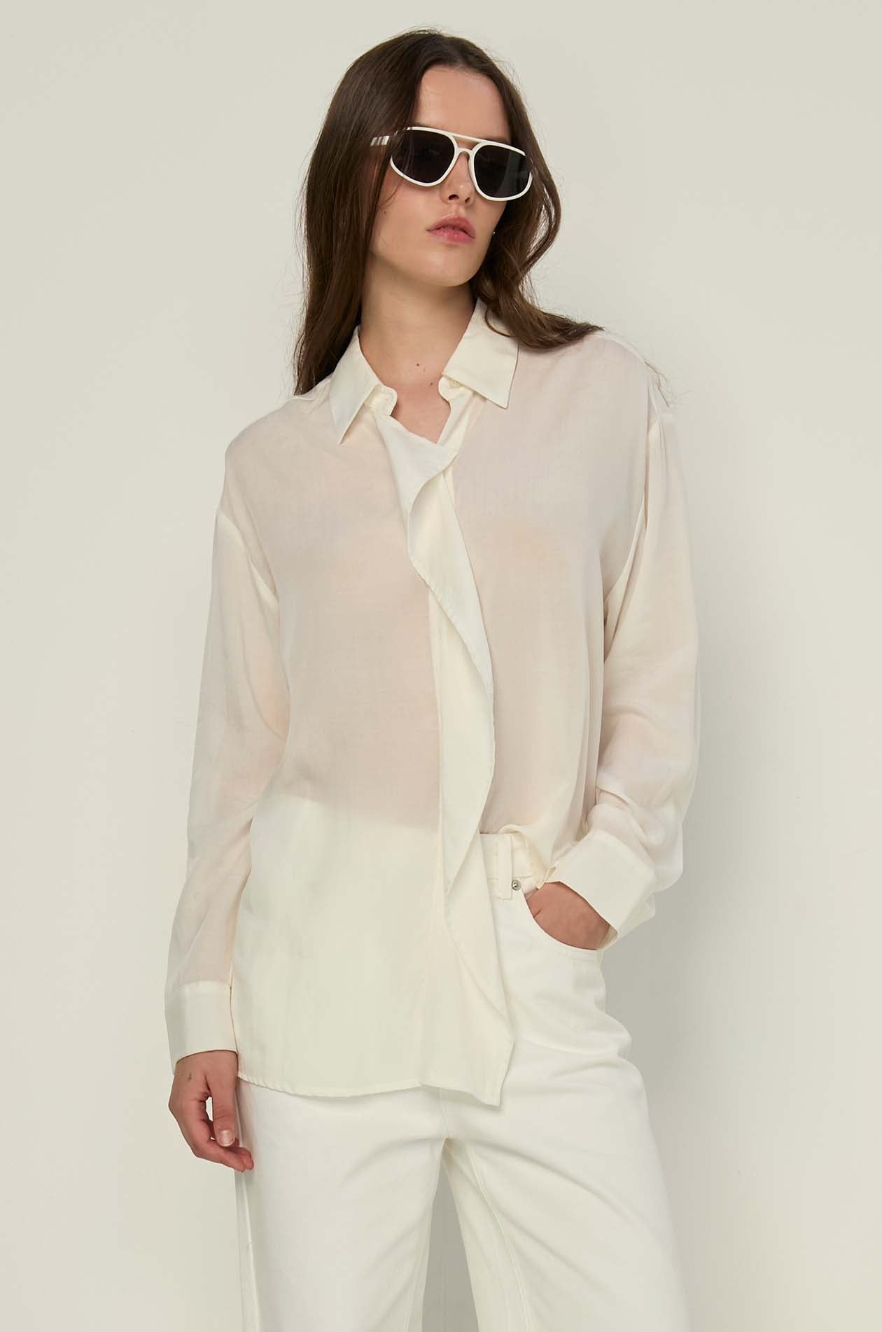 LONG SLEEVE RUFFLE-FRONT SHIRT