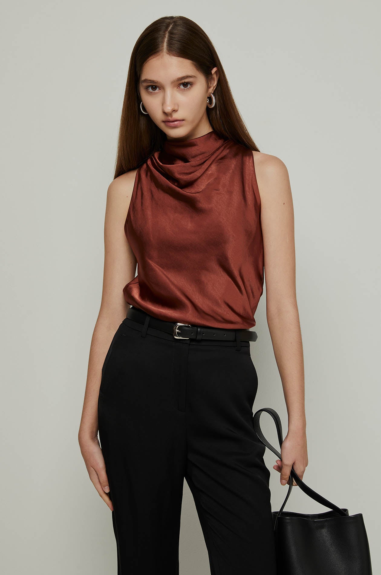 SLEEVELESS DRAPED SATIN BLOUSE