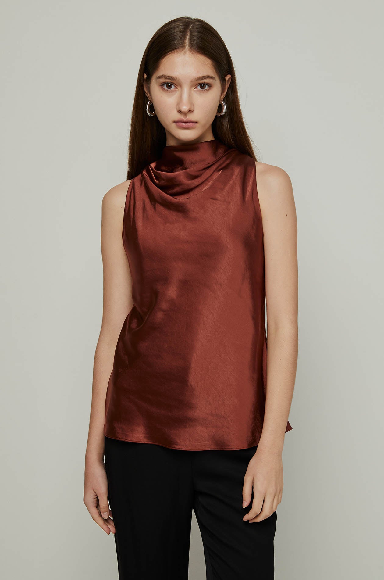 SLEEVELESS DRAPED SATIN BLOUSE