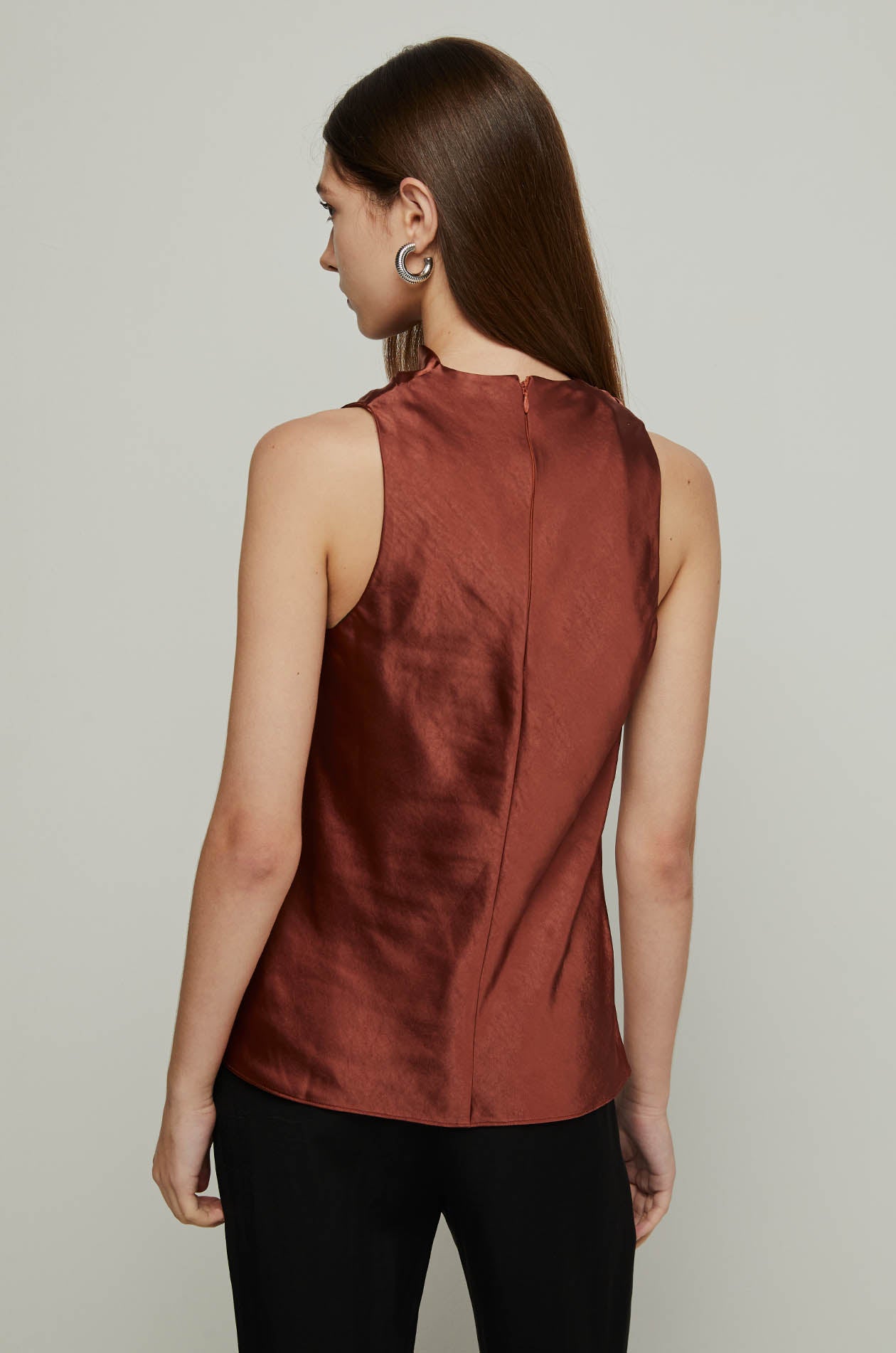 SLEEVELESS DRAPED SATIN BLOUSE