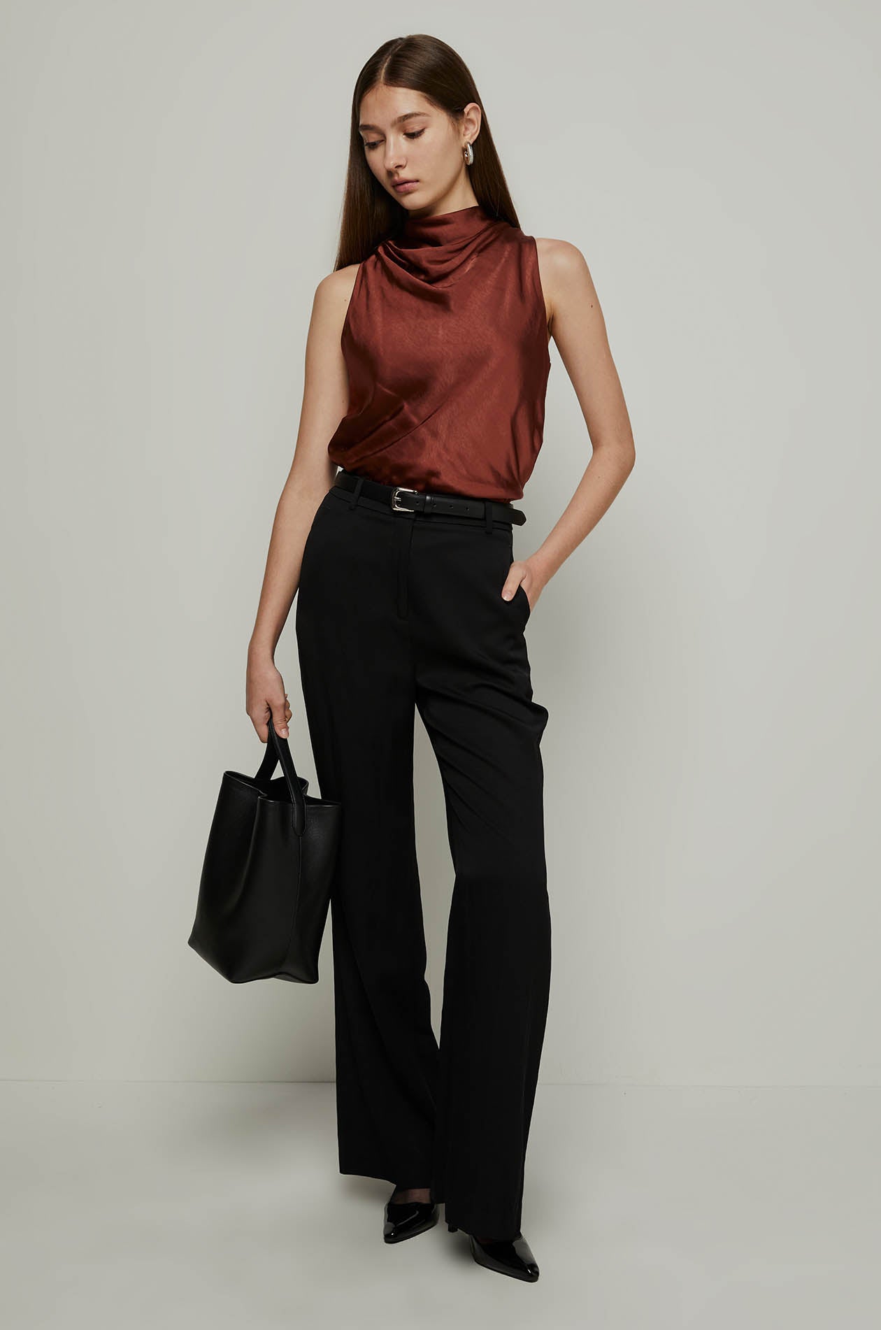 SLEEVELESS DRAPED SATIN BLOUSE