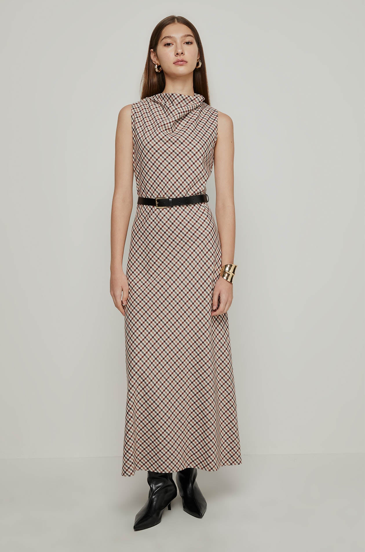 SLEEVELESS CHECK MAXI DRESS