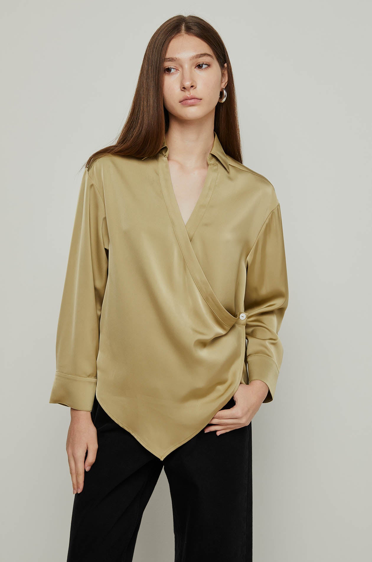 FRONT WRAP SATIN LONG SLEEVE BLOUSE