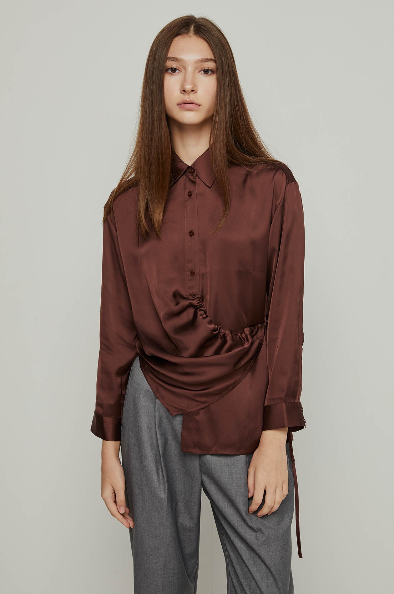 ASYMMETRIC DRAPED SATIN BLOUSE