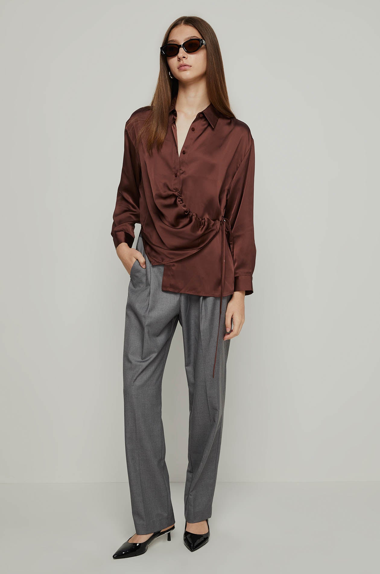 ASYMMETRIC DRAPED SATIN BLOUSE