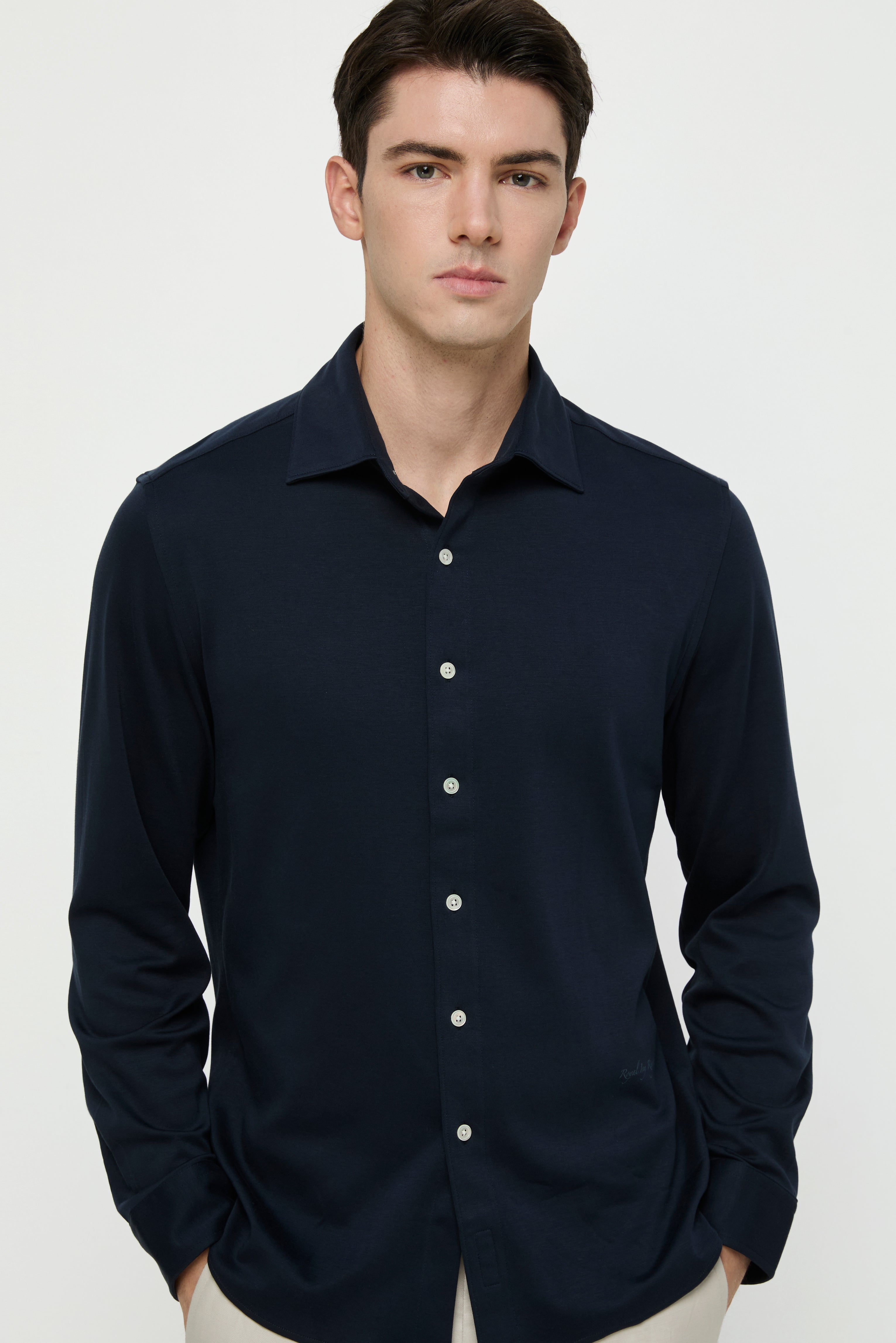 NAVY KNITTED LONG-SLEEVE SHIRT