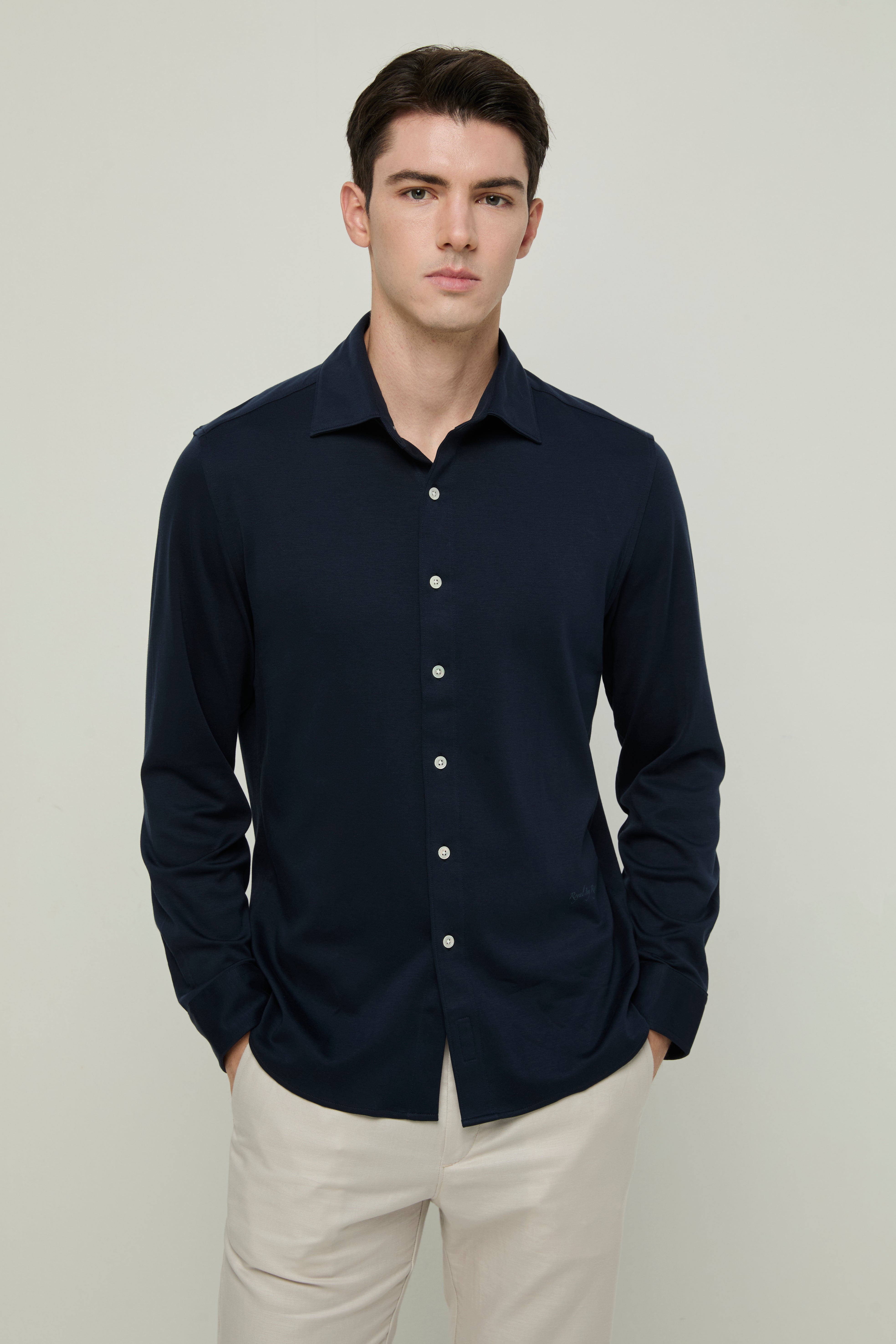 NAVY KNITTED LONG-SLEEVE SHIRT