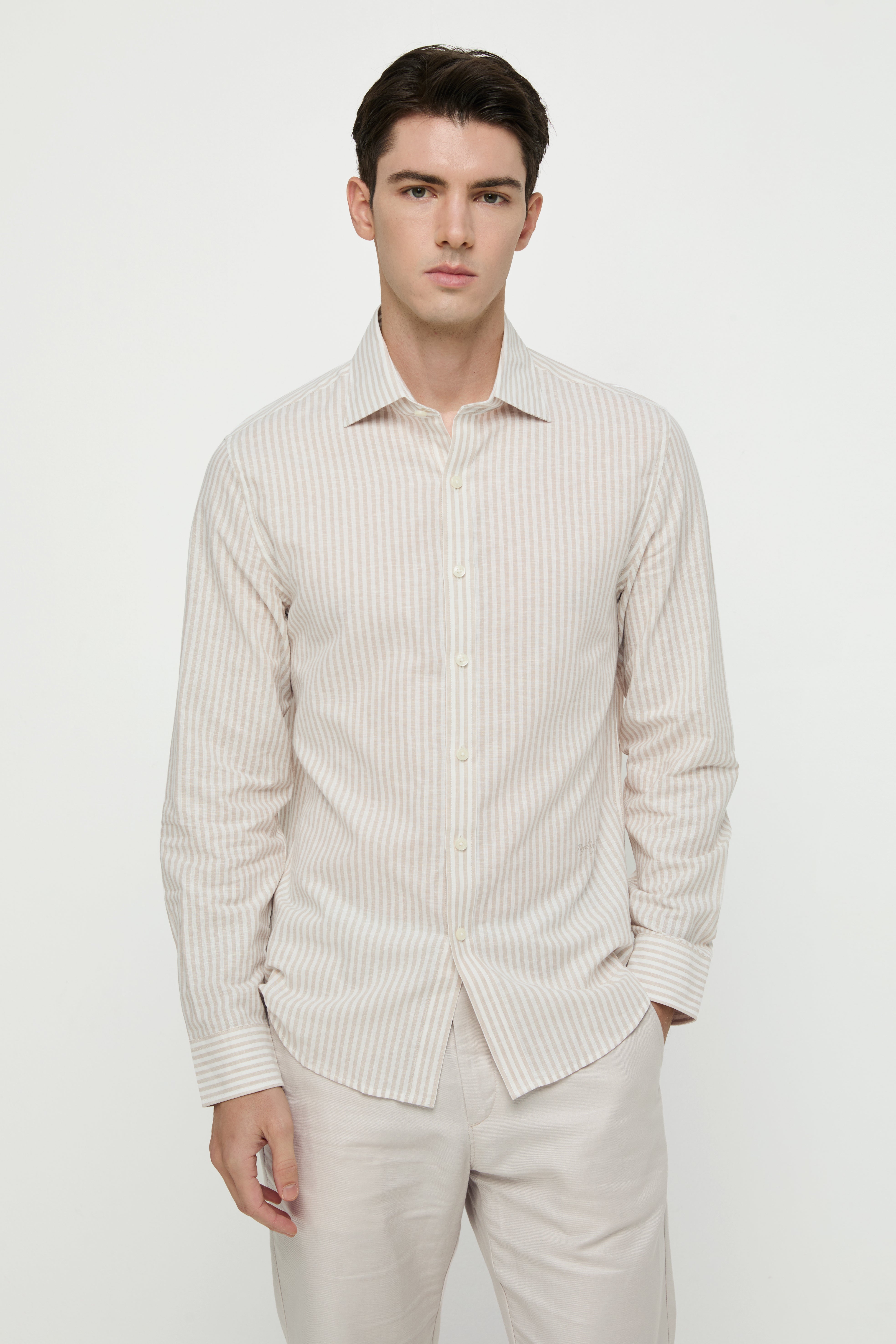 BEIGE STRIPED LONG-SLEEVE SHIRT