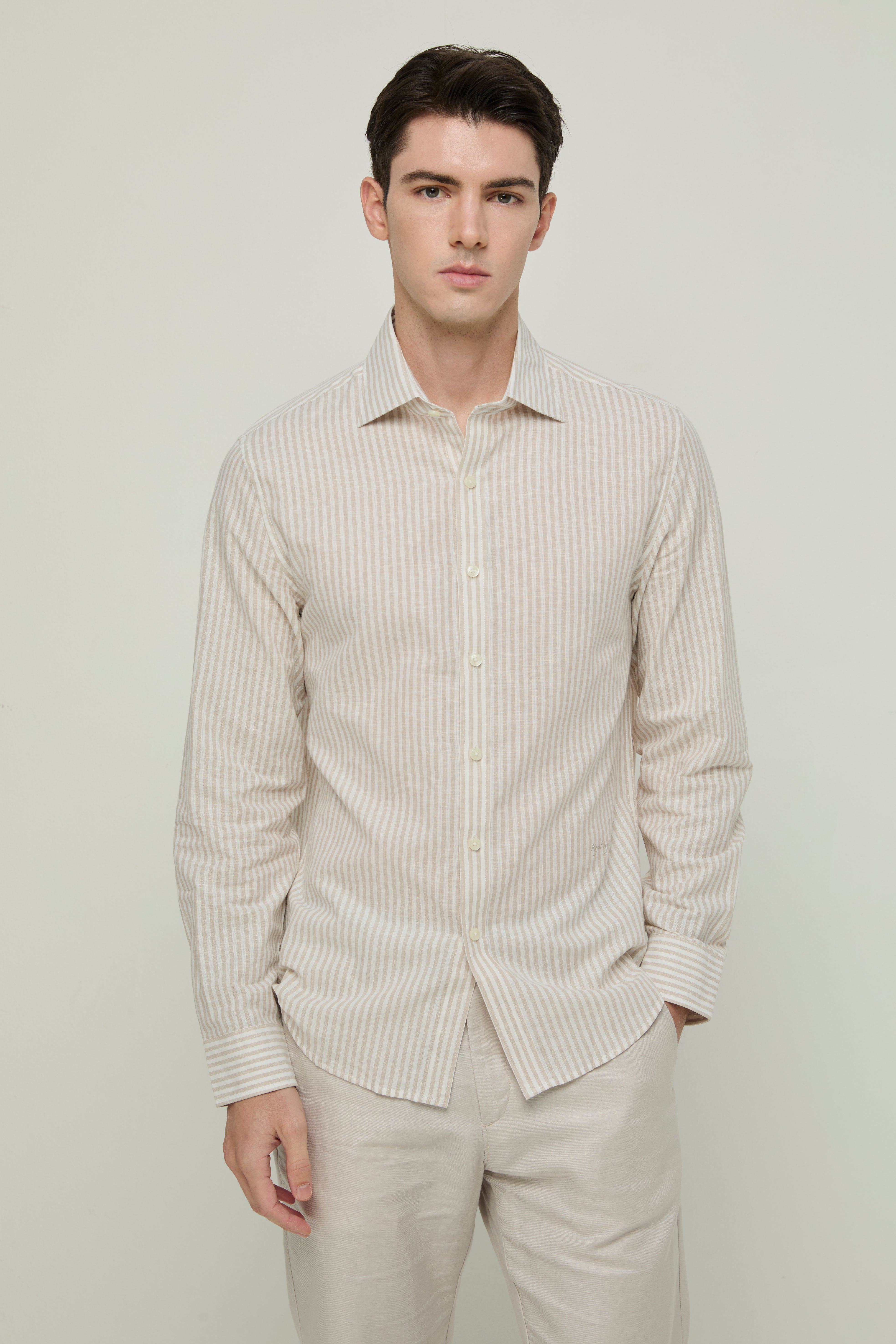 BEIGE STRIPED LONG-SLEEVE SHIRT