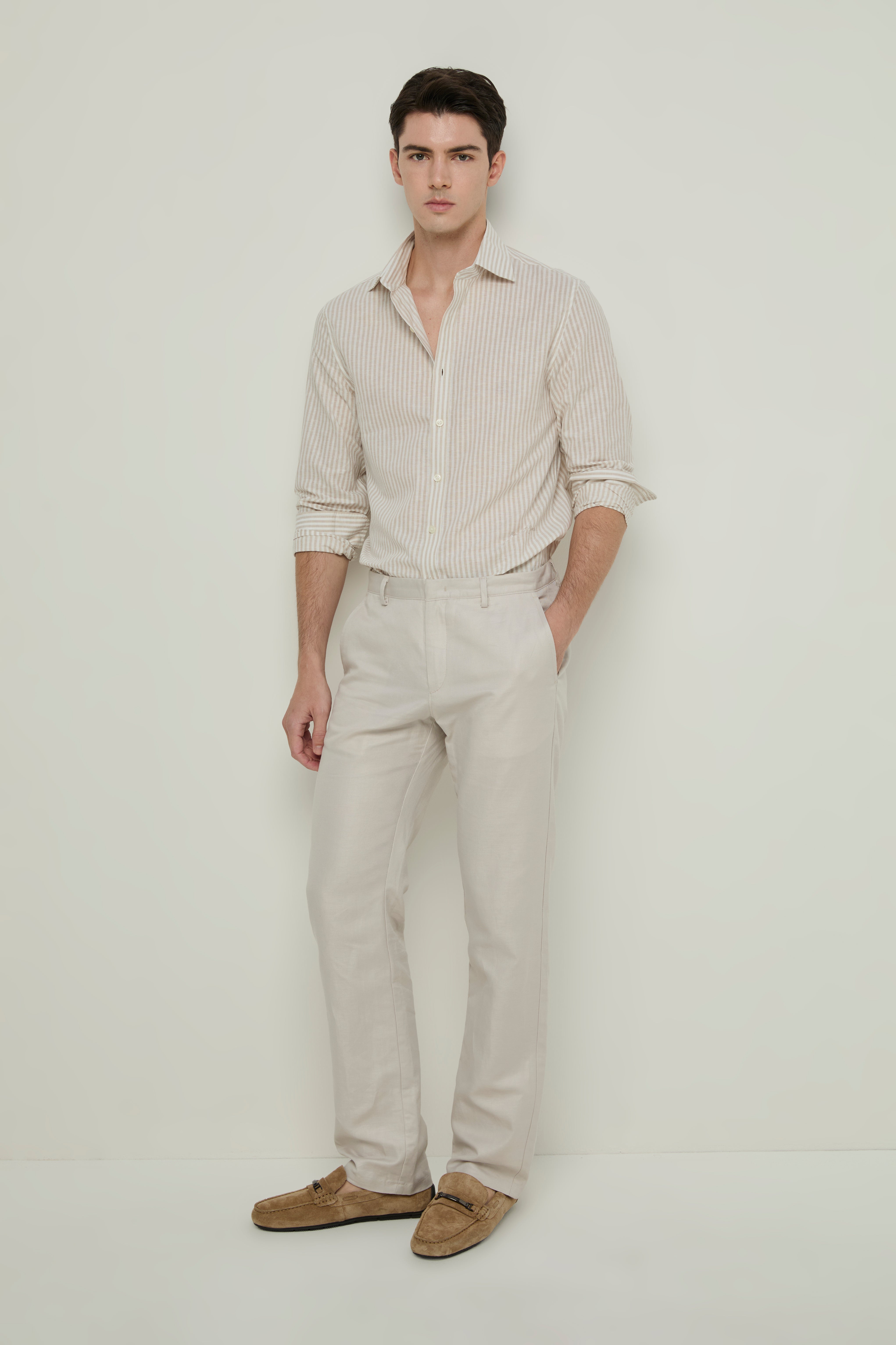 BEIGE STRIPED LONG-SLEEVE SHIRT