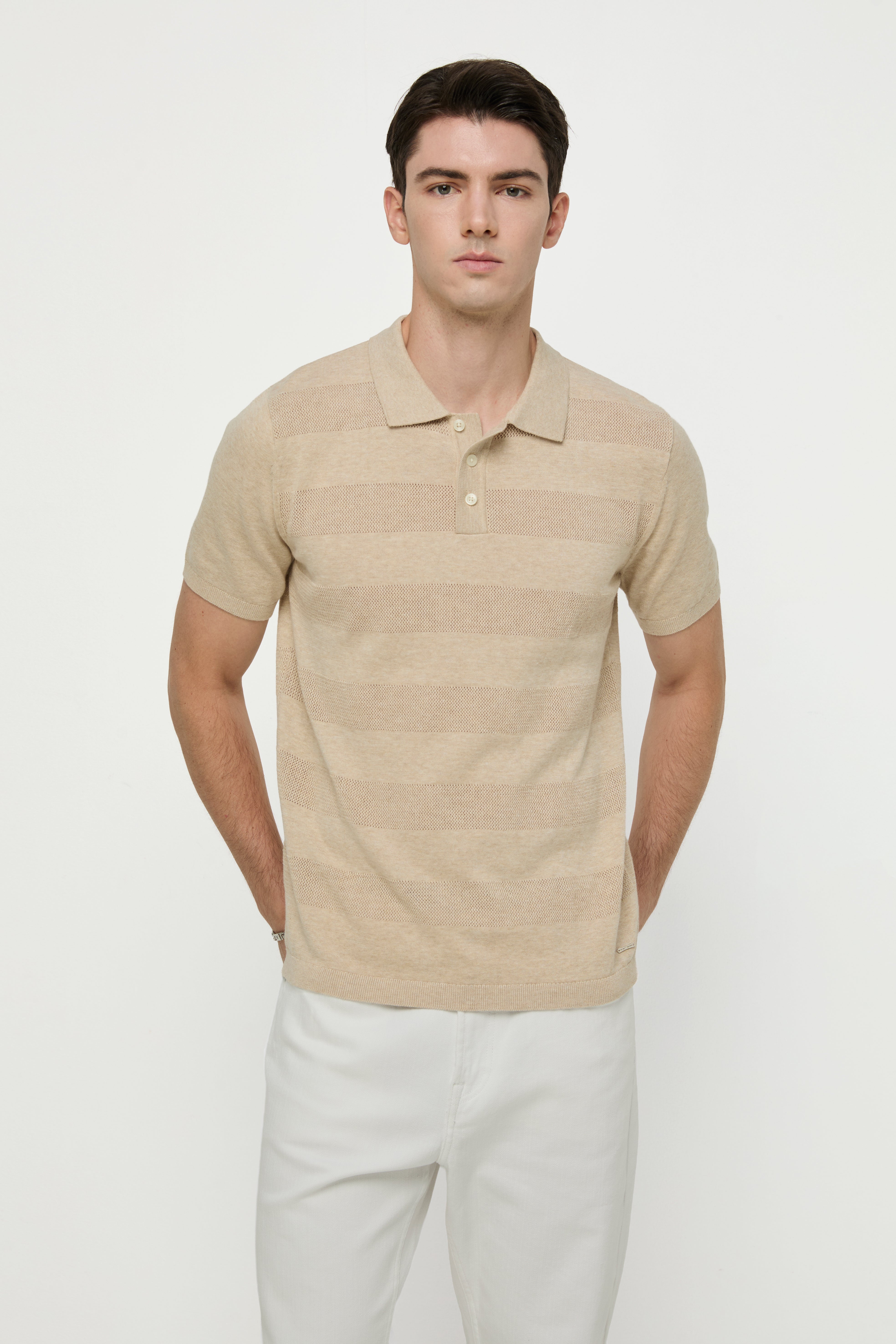 STRIPED BEIGE KNIT POLO SHIRTS