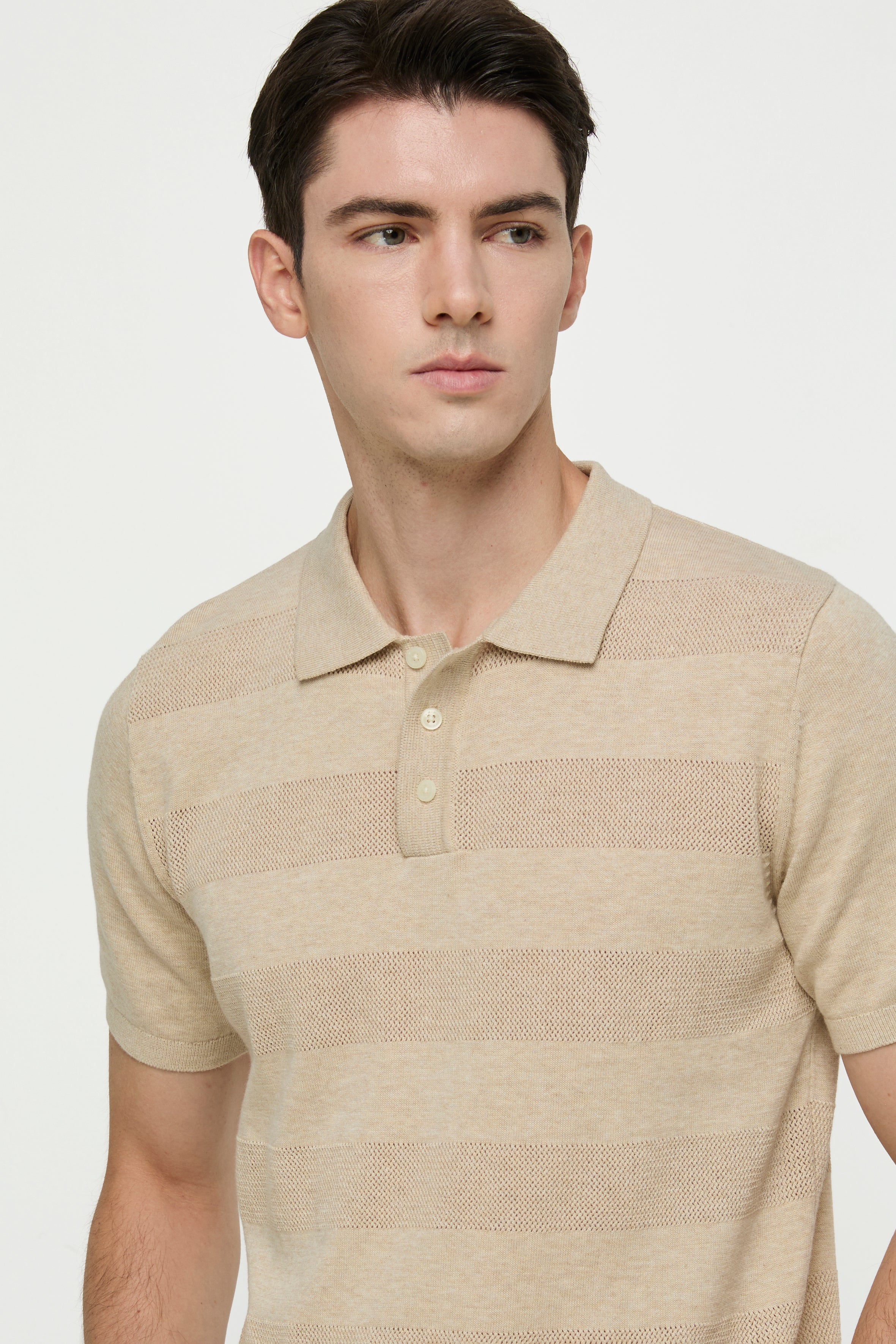 STRIPED BEIGE KNIT POLO SHIRTS