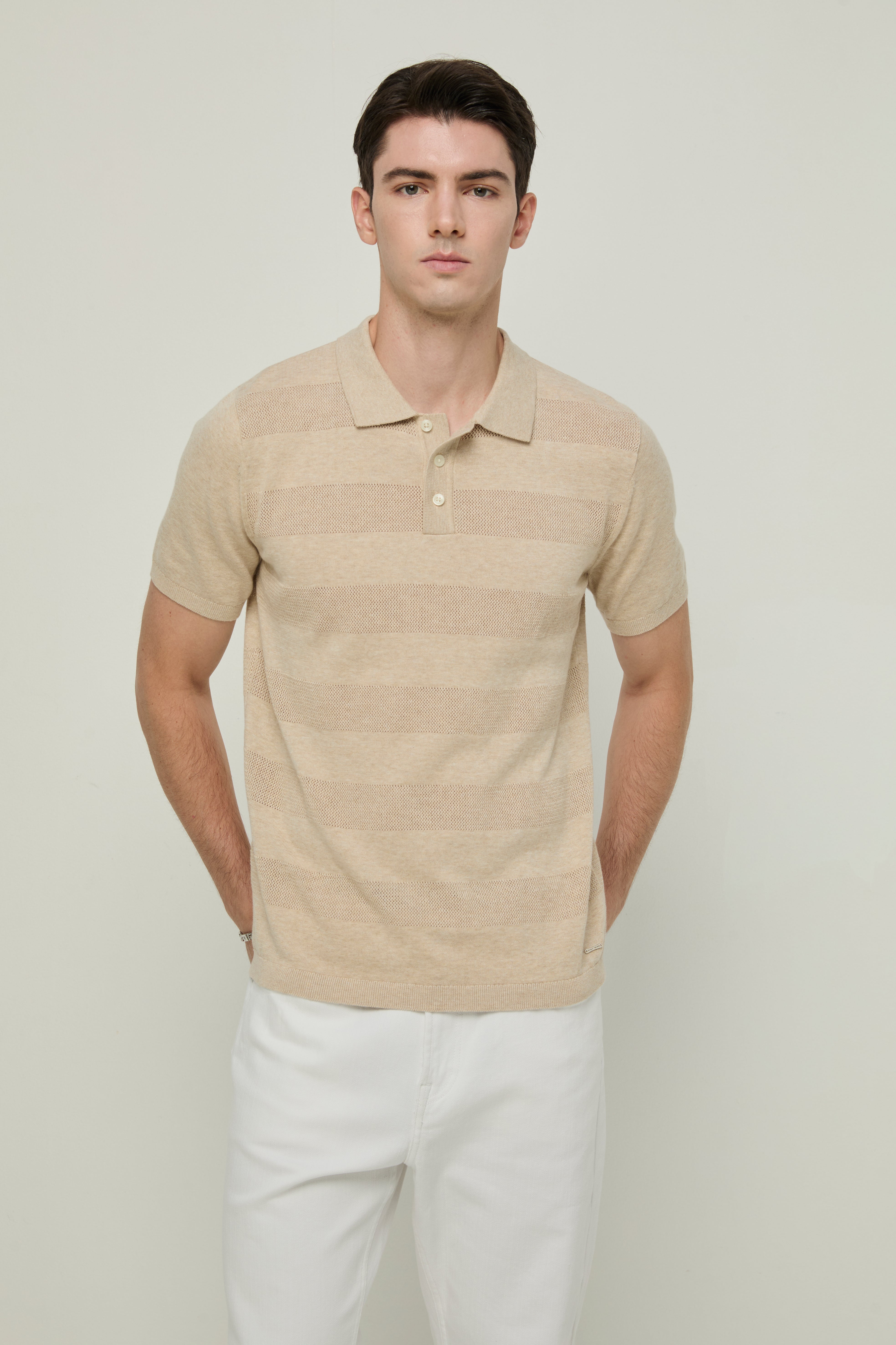 STRIPED BEIGE KNIT POLO SHIRT