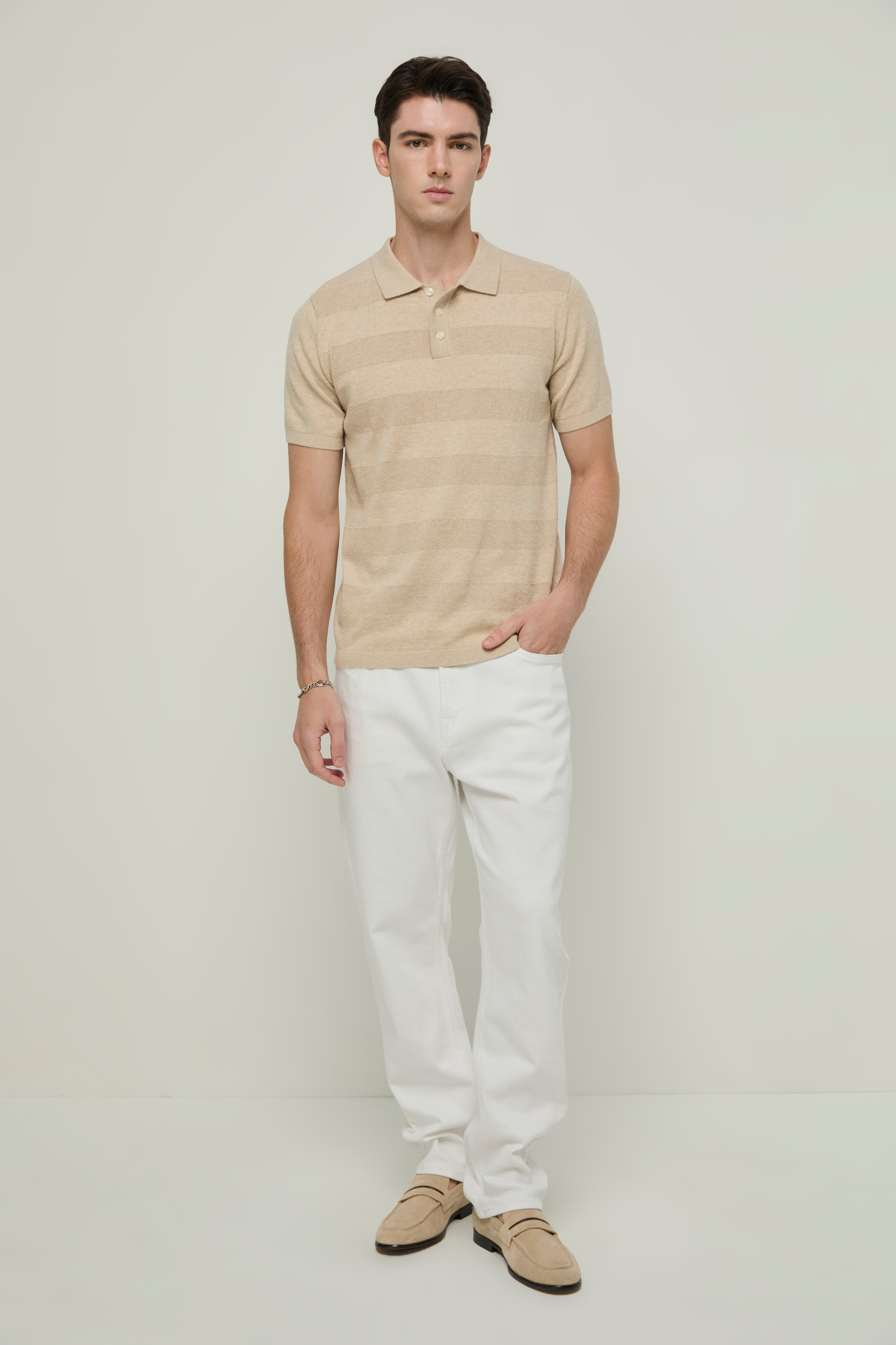 STRIPED BEIGE KNIT POLO SHIRT