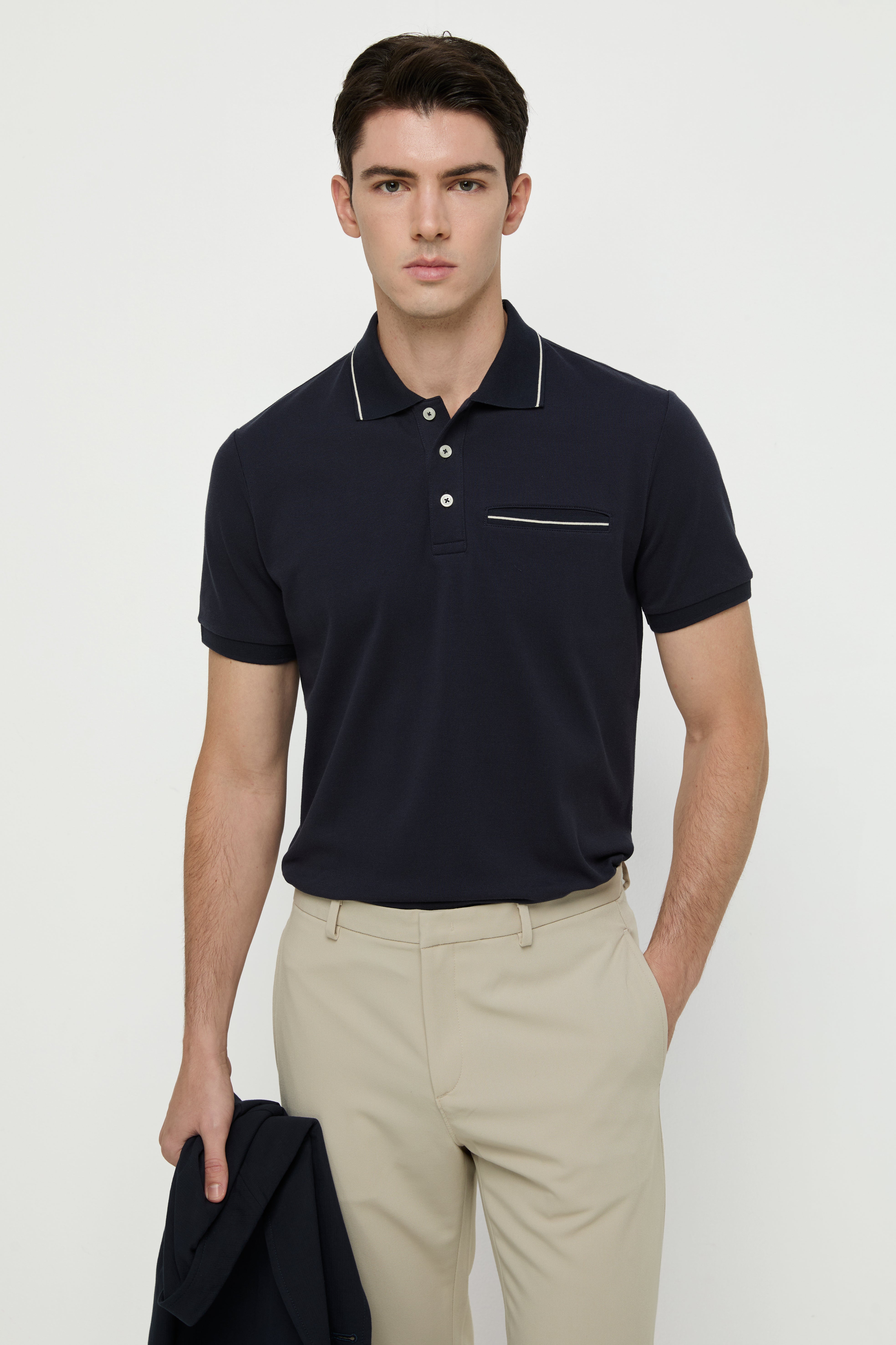 STRIPED TRIM COLLAR POLO SHIRTS
