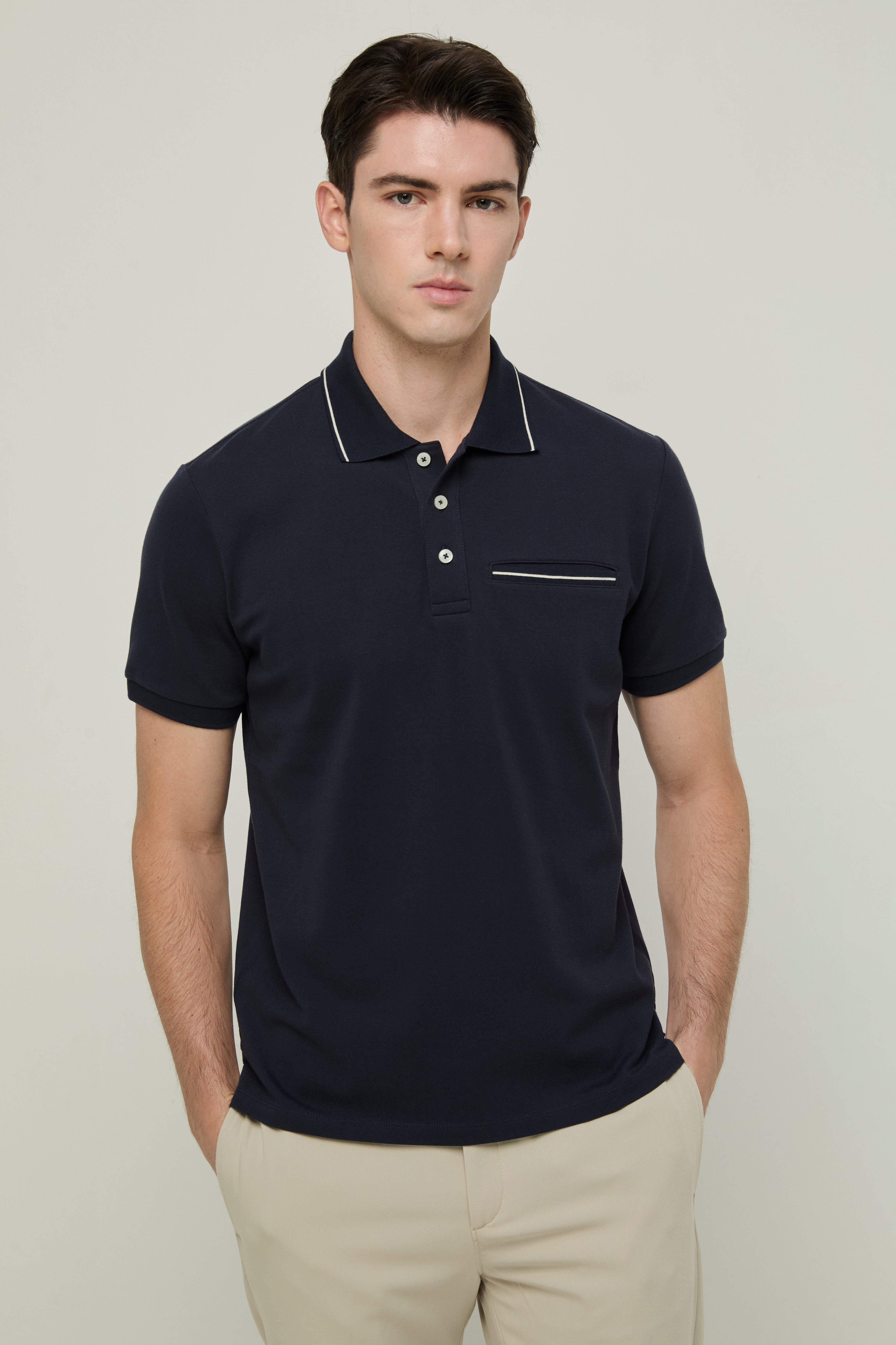 STRIPED TRIM COLLAR POLO SHIRT