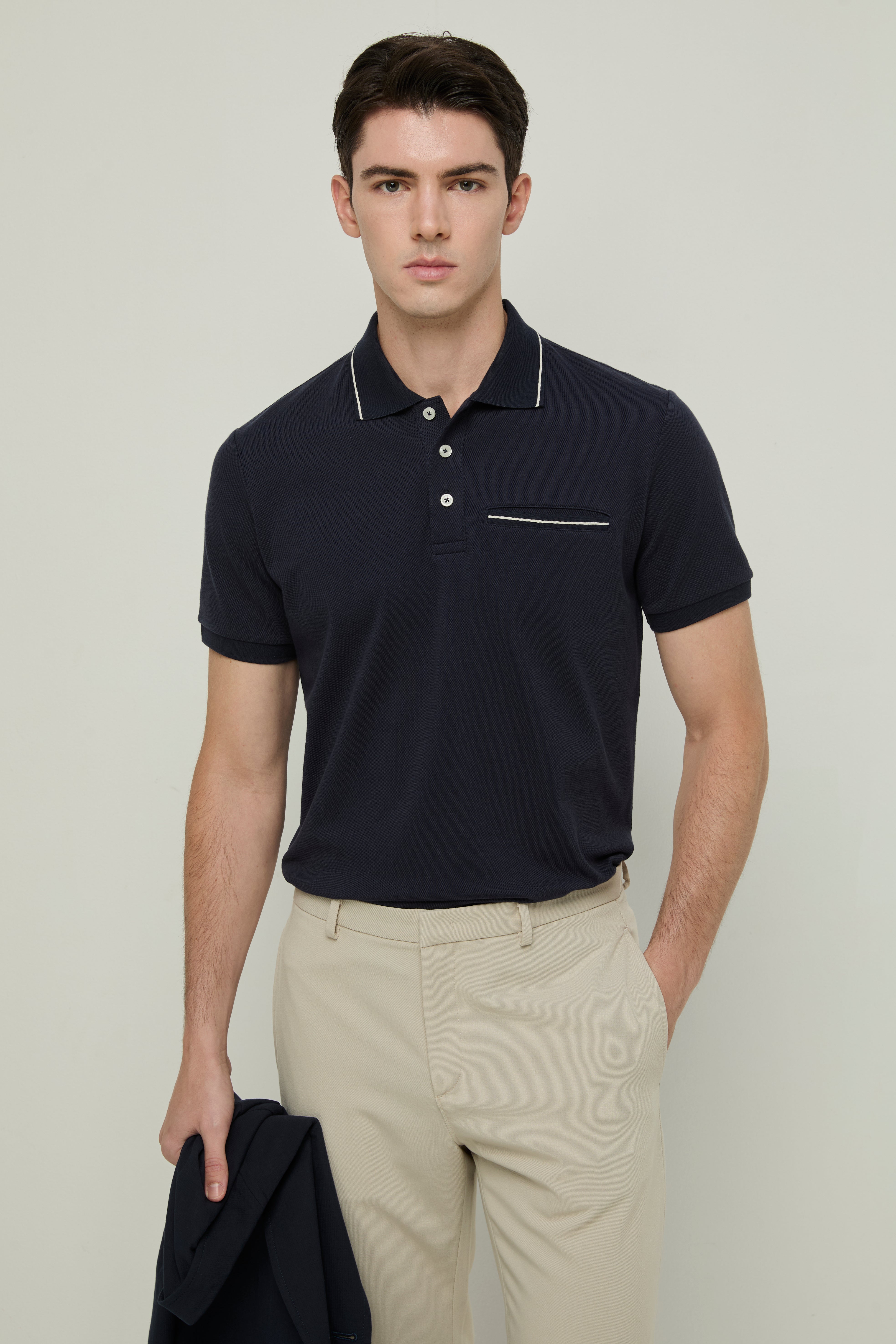 STRIPED TRIM COLLAR POLO SHIRT