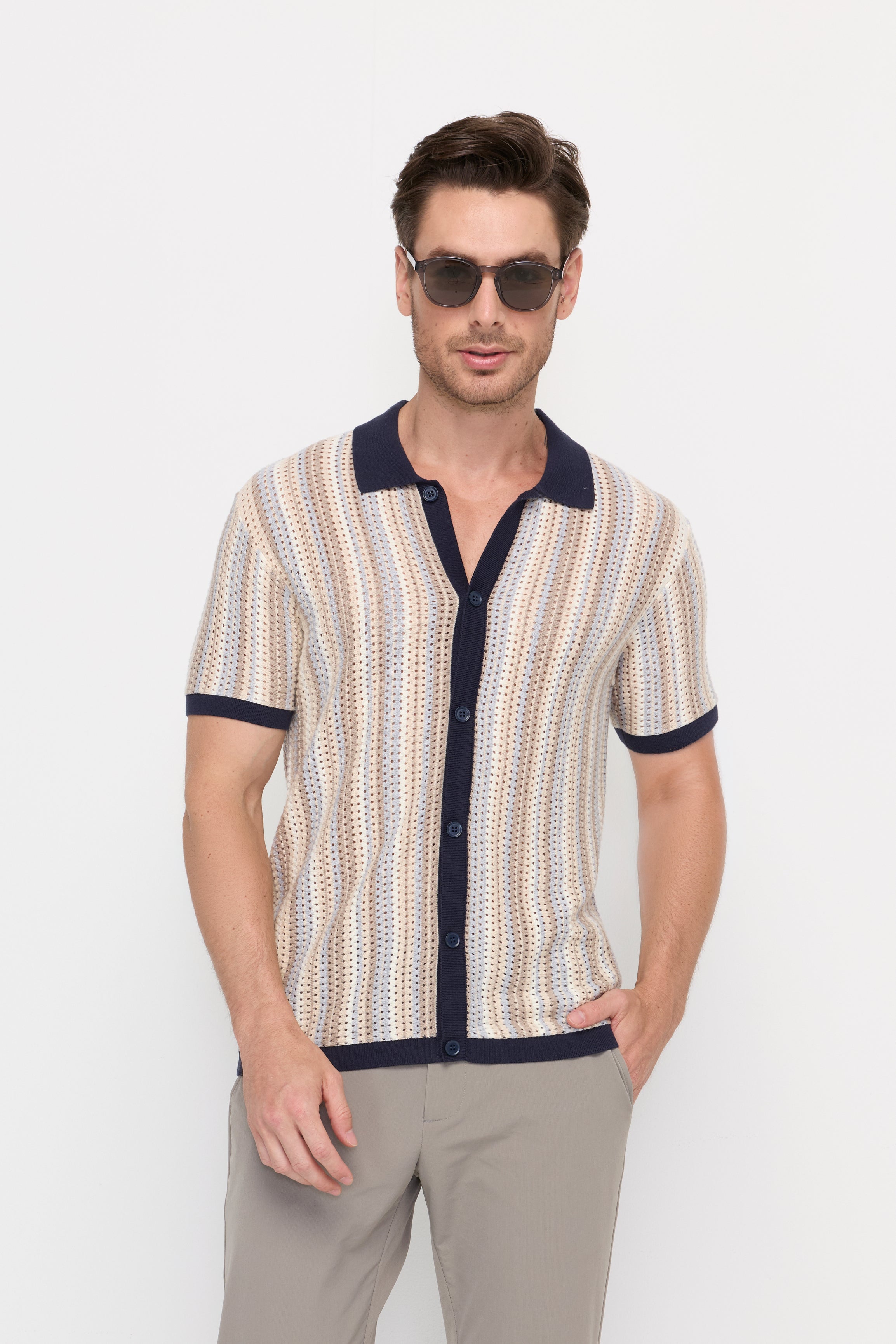 STRIPE POINTELLE KNIT POLO