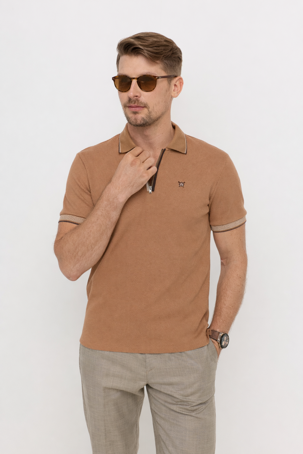 TEXTURED ZIP NECK POLO SHIRT