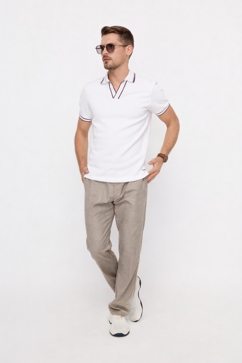 TEXTURED OPEN COLLAR POLO SHIRT