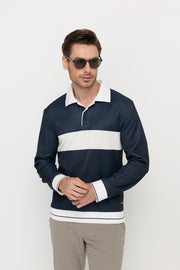 NAVY STRIPE PANEL LONG SLEEVE POLO