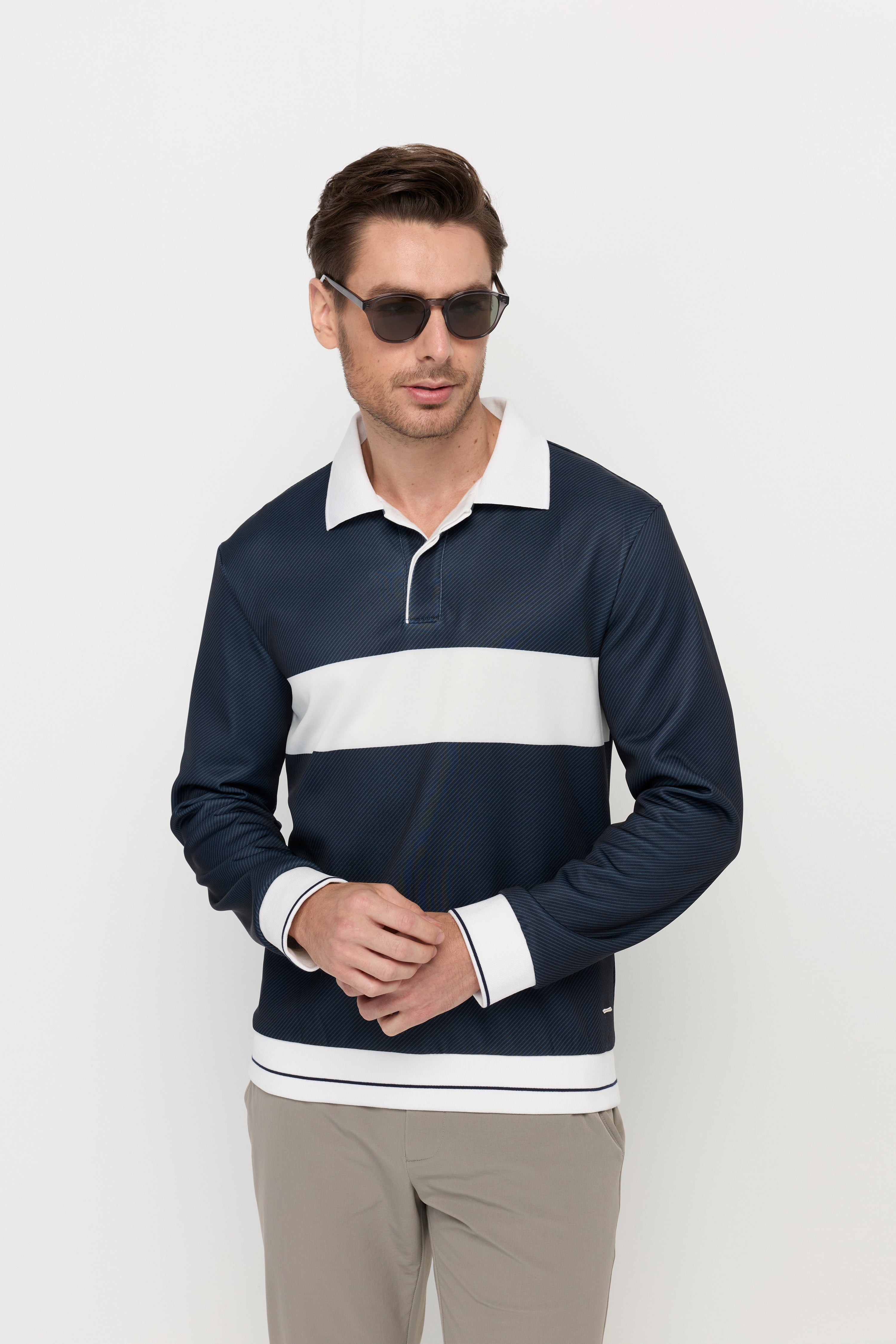 NAVY STRIPE PANEL LONG SLEEVE POLO