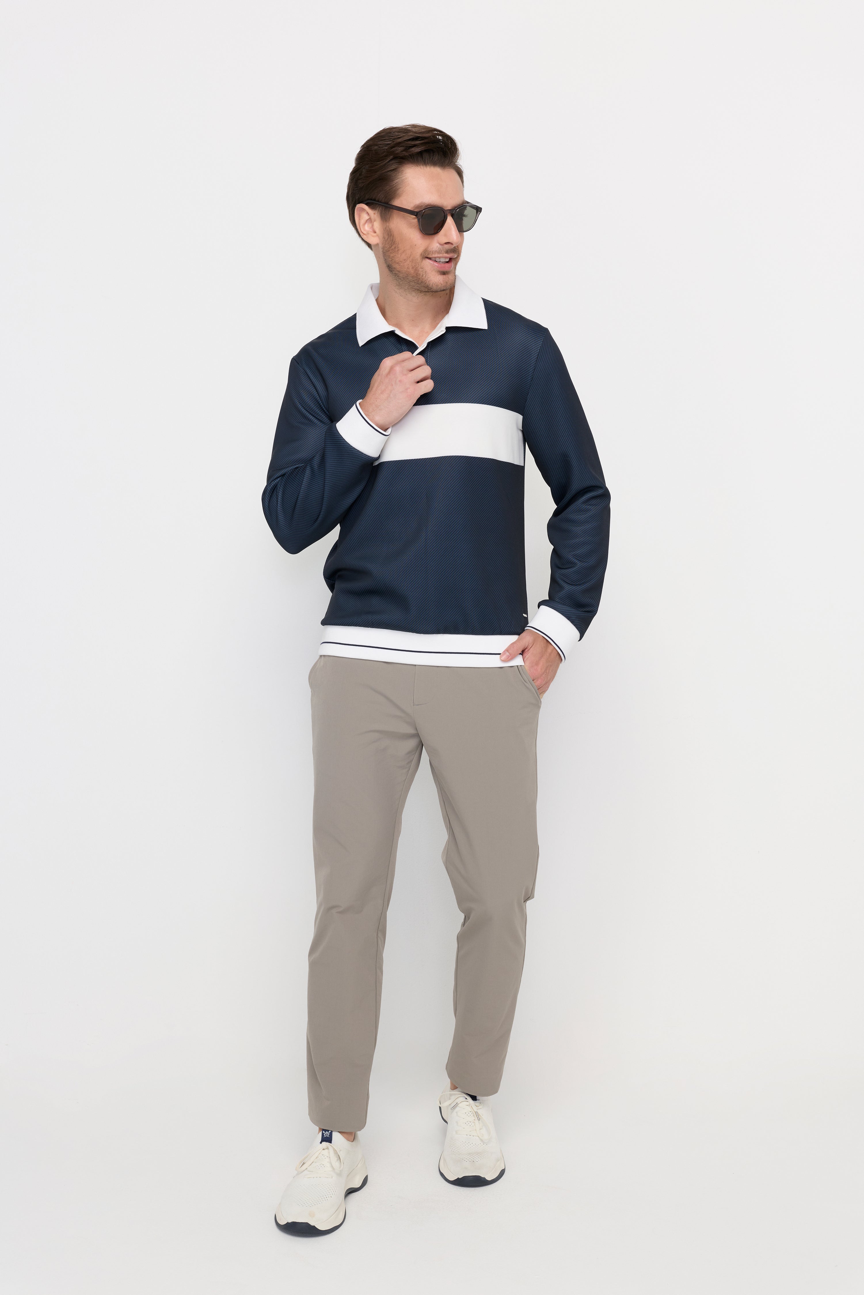 NAVY STRIPE PANEL LONG SLEEVE POLO