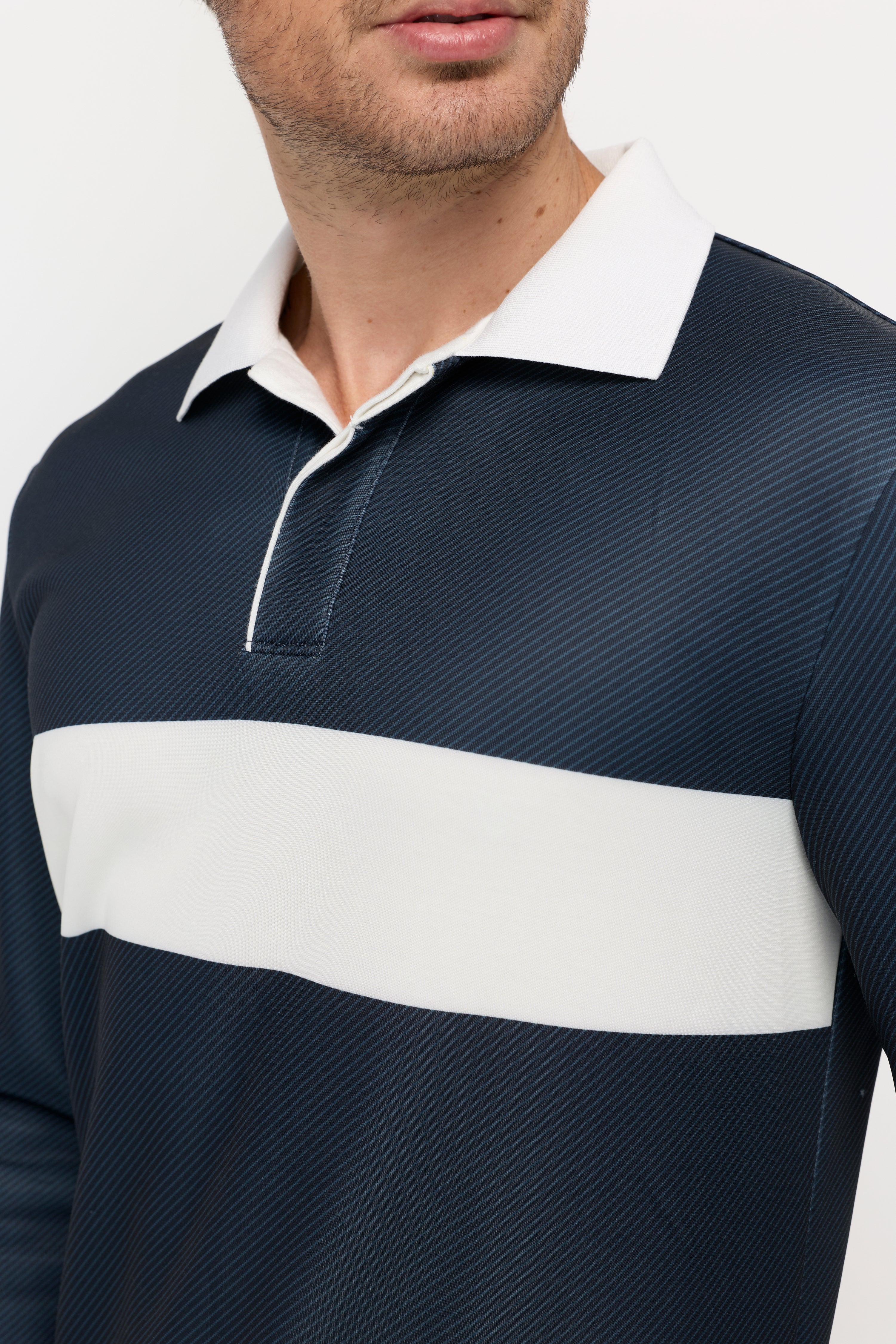 NAVY STRIPE PANEL LONG SLEEVE POLO