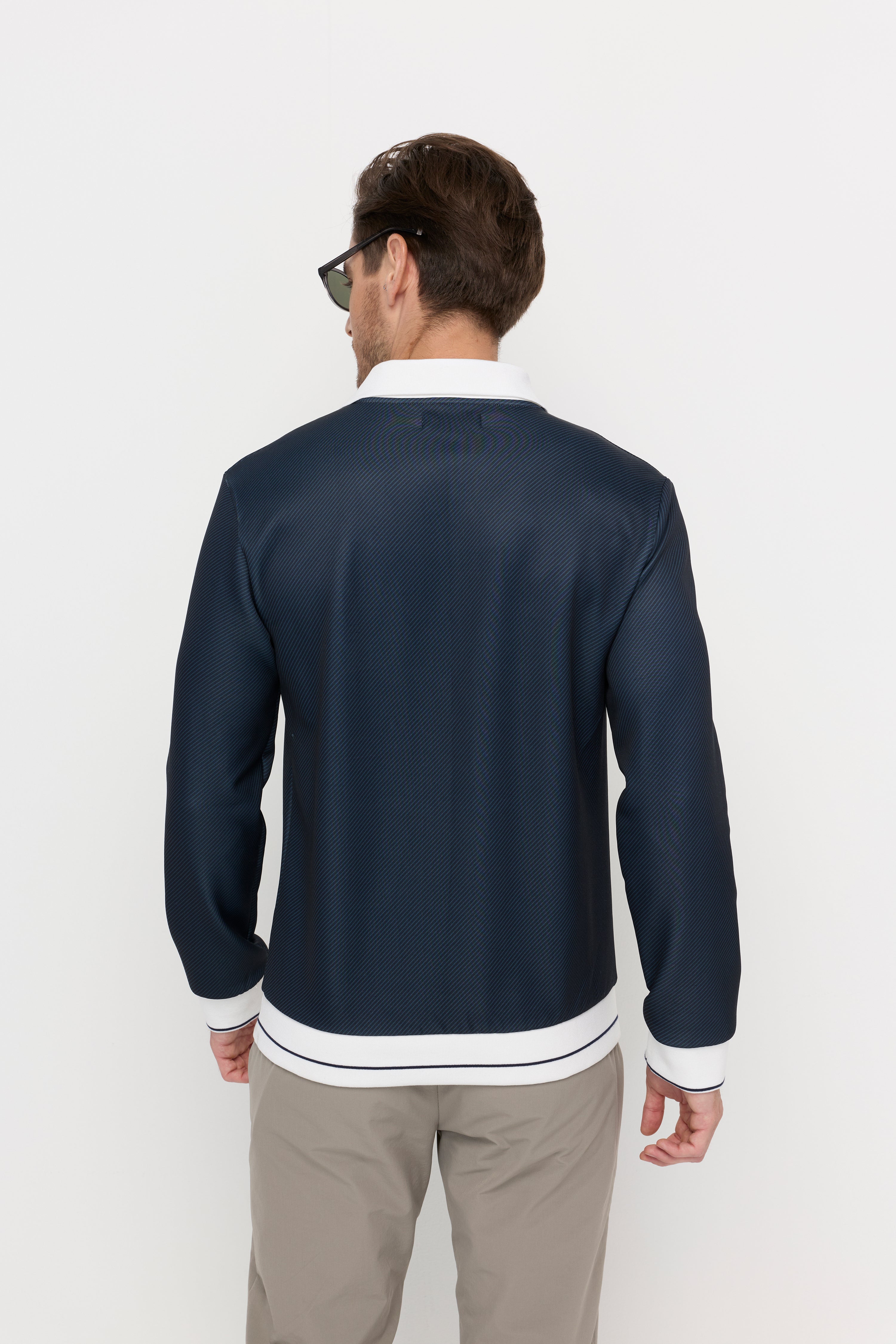 NAVY STRIPE PANEL LONG SLEEVE POLO