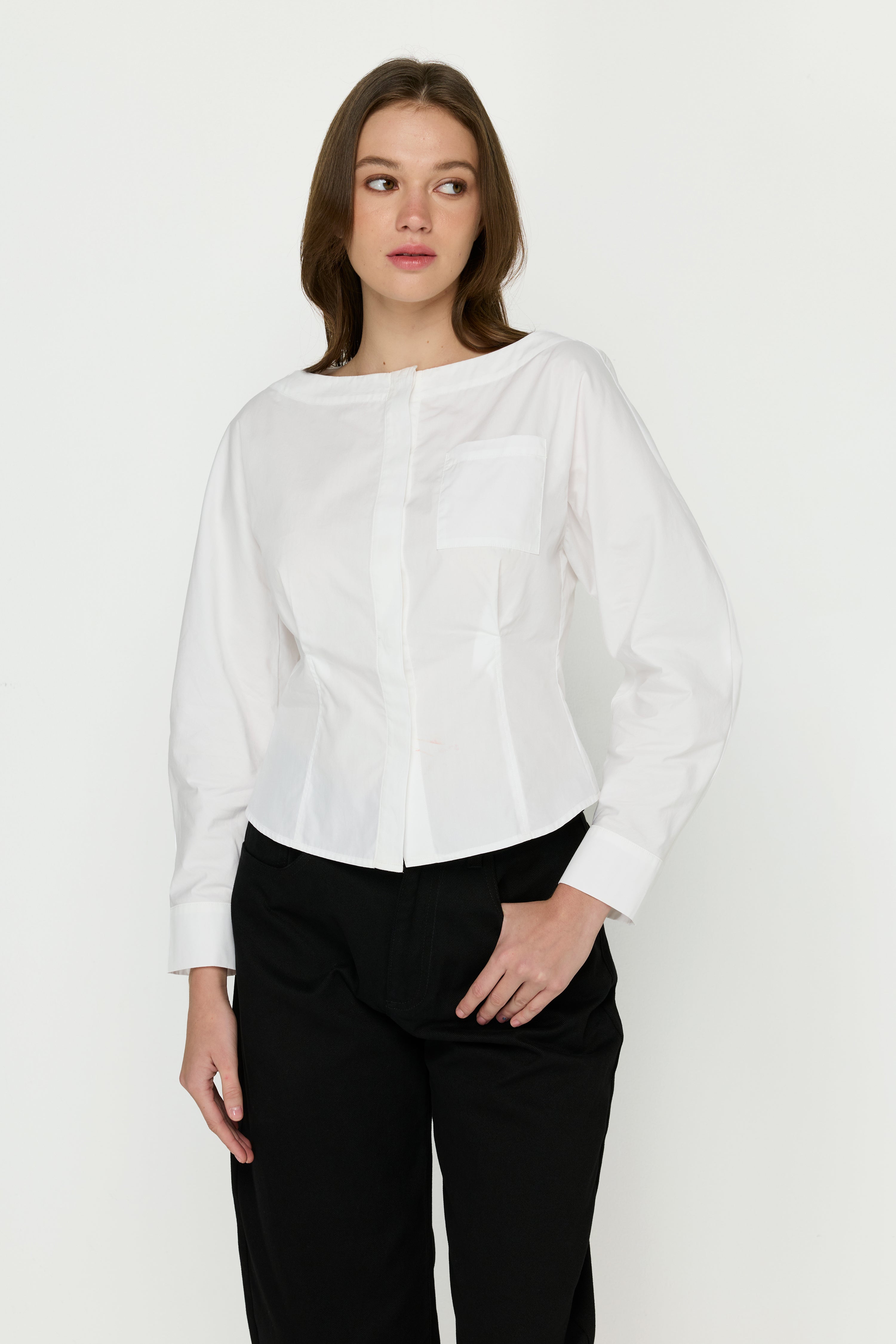 WAIST CINCHED BROWN LONG-SLEEVED SHIRT