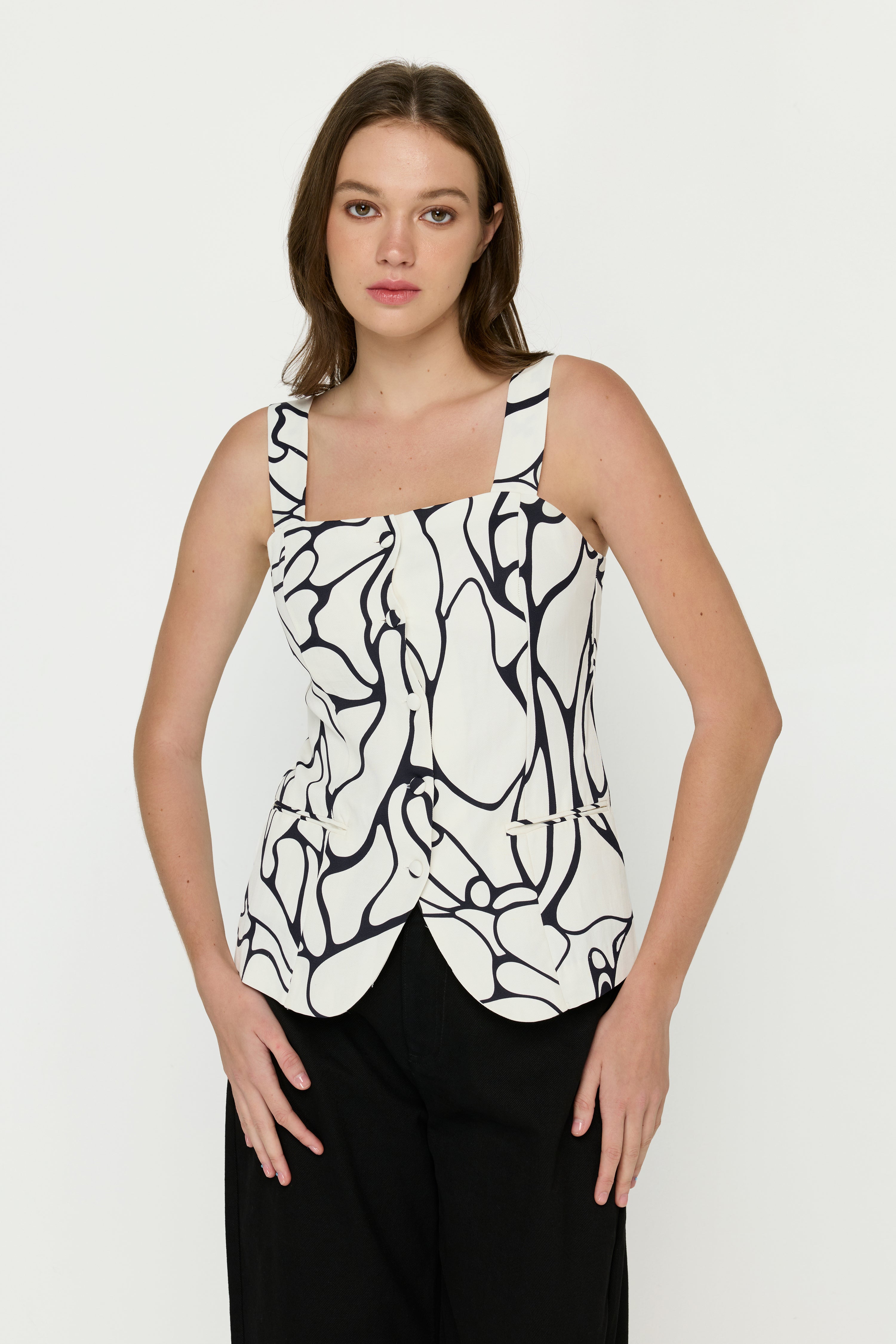 SLEEVELESS PRINTED WHITE SHORT TOP