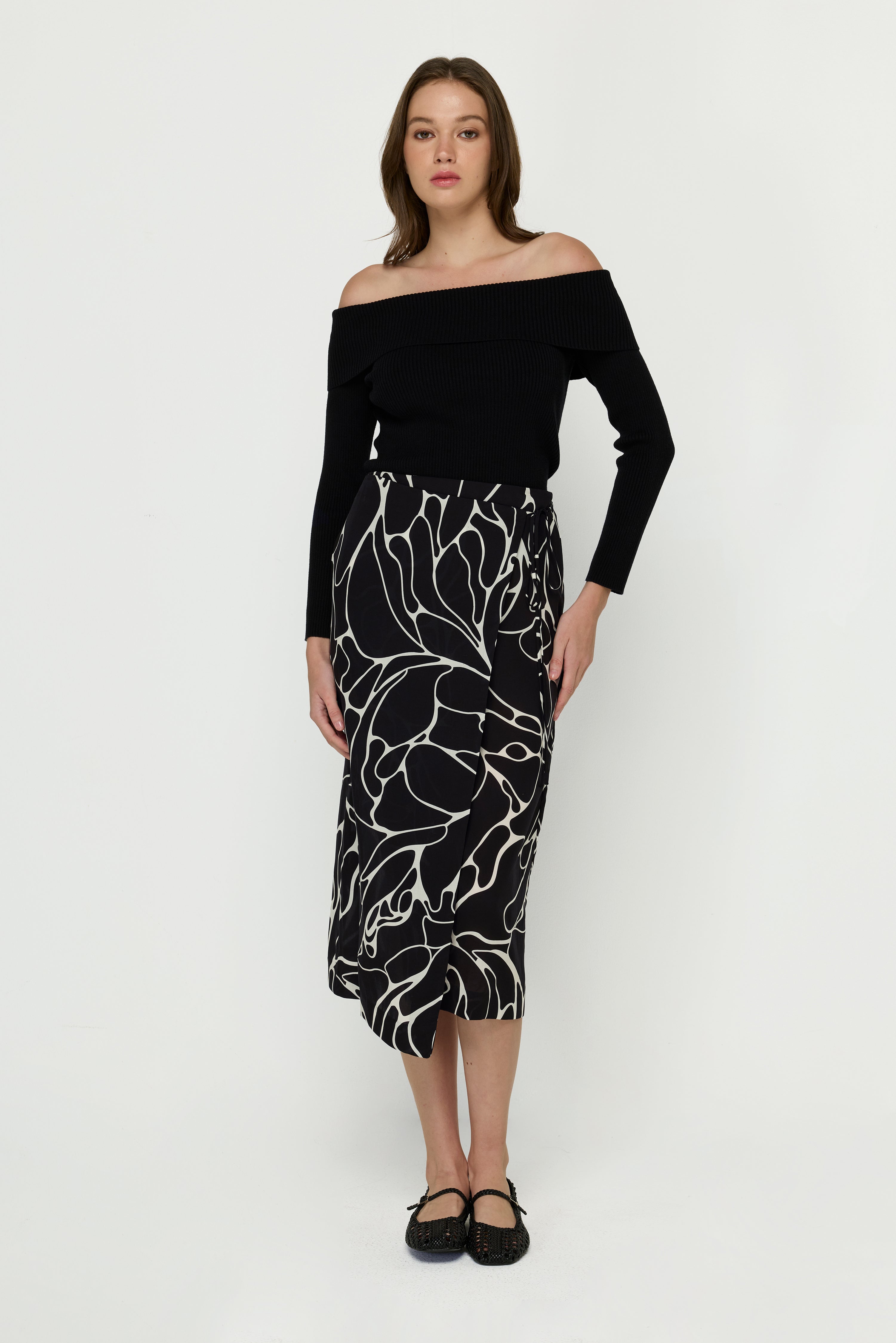 PRINT LONG SKIRT TIE SIDE WRAP SKIRT
