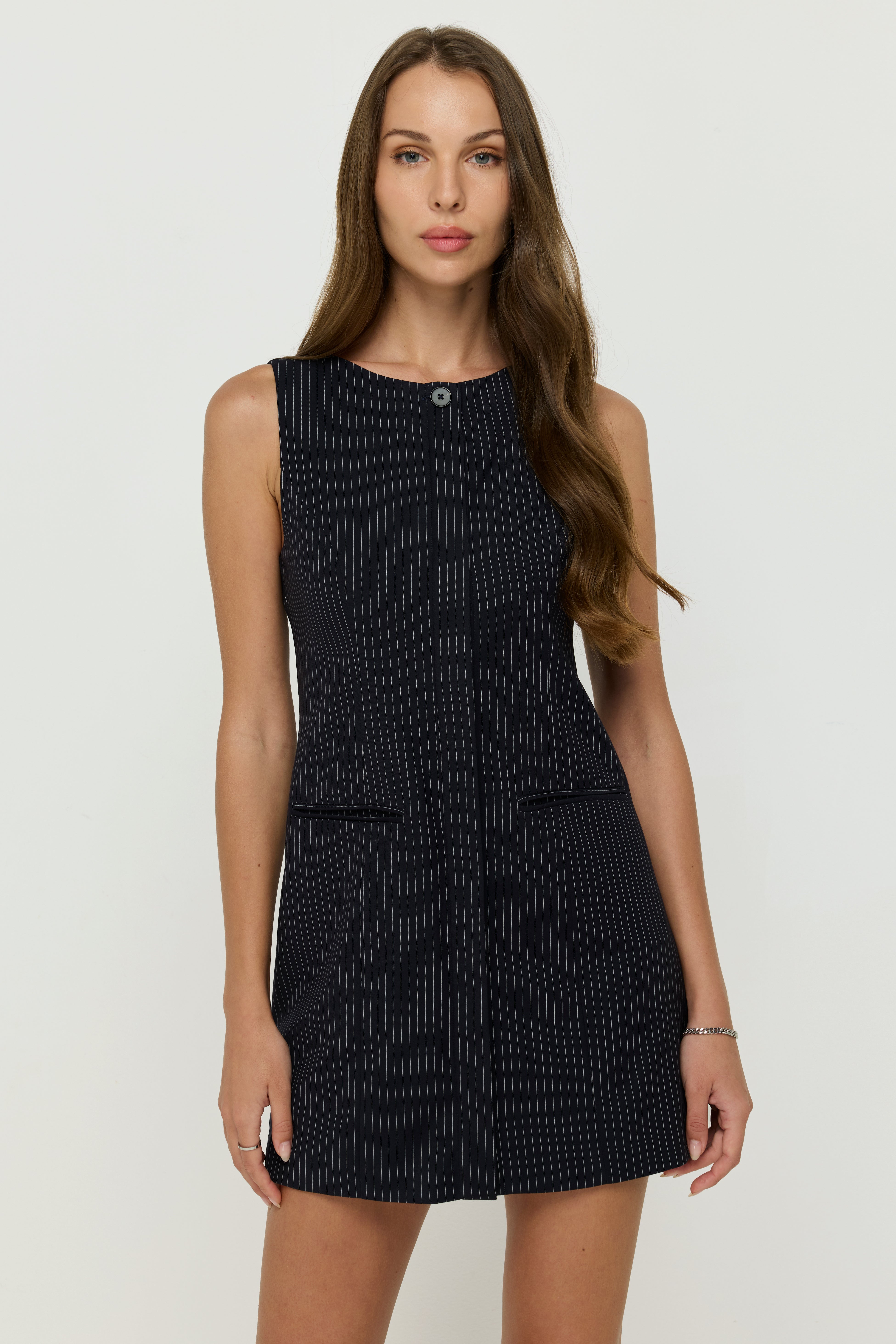 PINSTRIPE SLEEVELESS TAILORED VEST DRESS