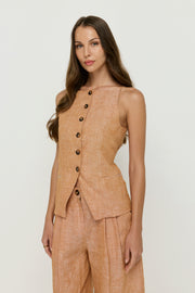 LINEN-BLEND BUTTONED SLEEVELESS TUNIC TOP