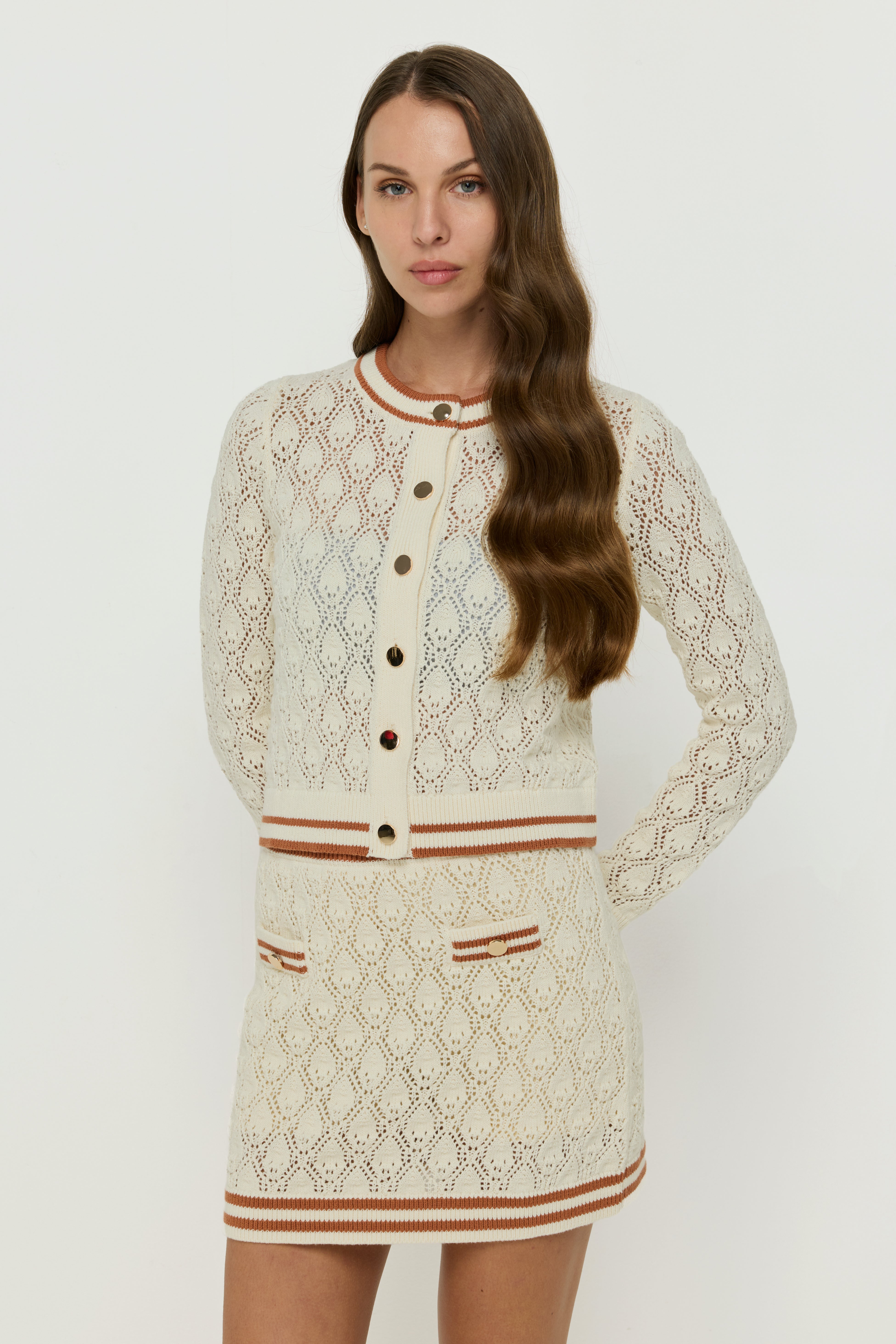 CONTRAST-TRIM LACE KNIT MINI SKIRT