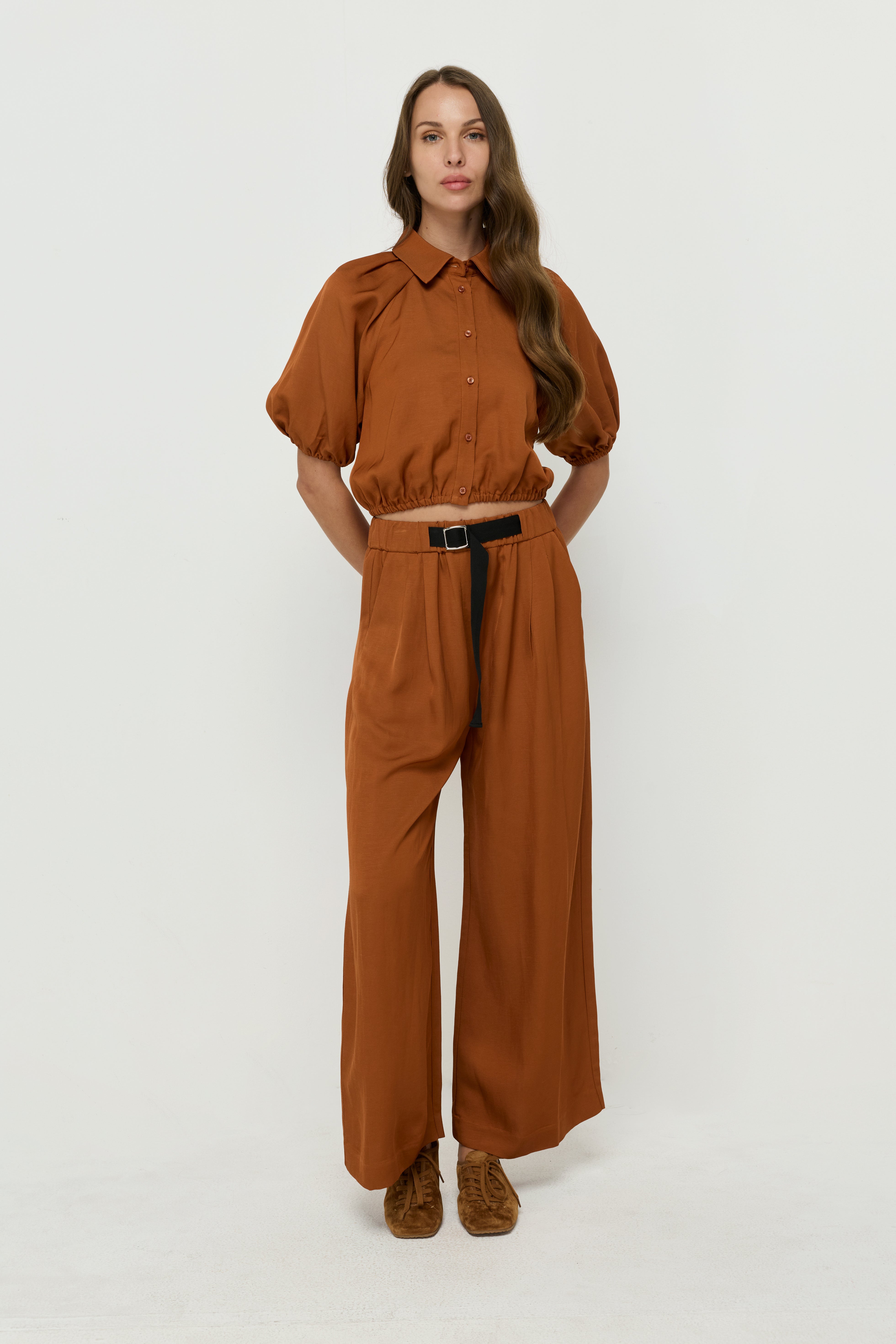 RELAXED BELTED WIDE-LEG TROUSERS