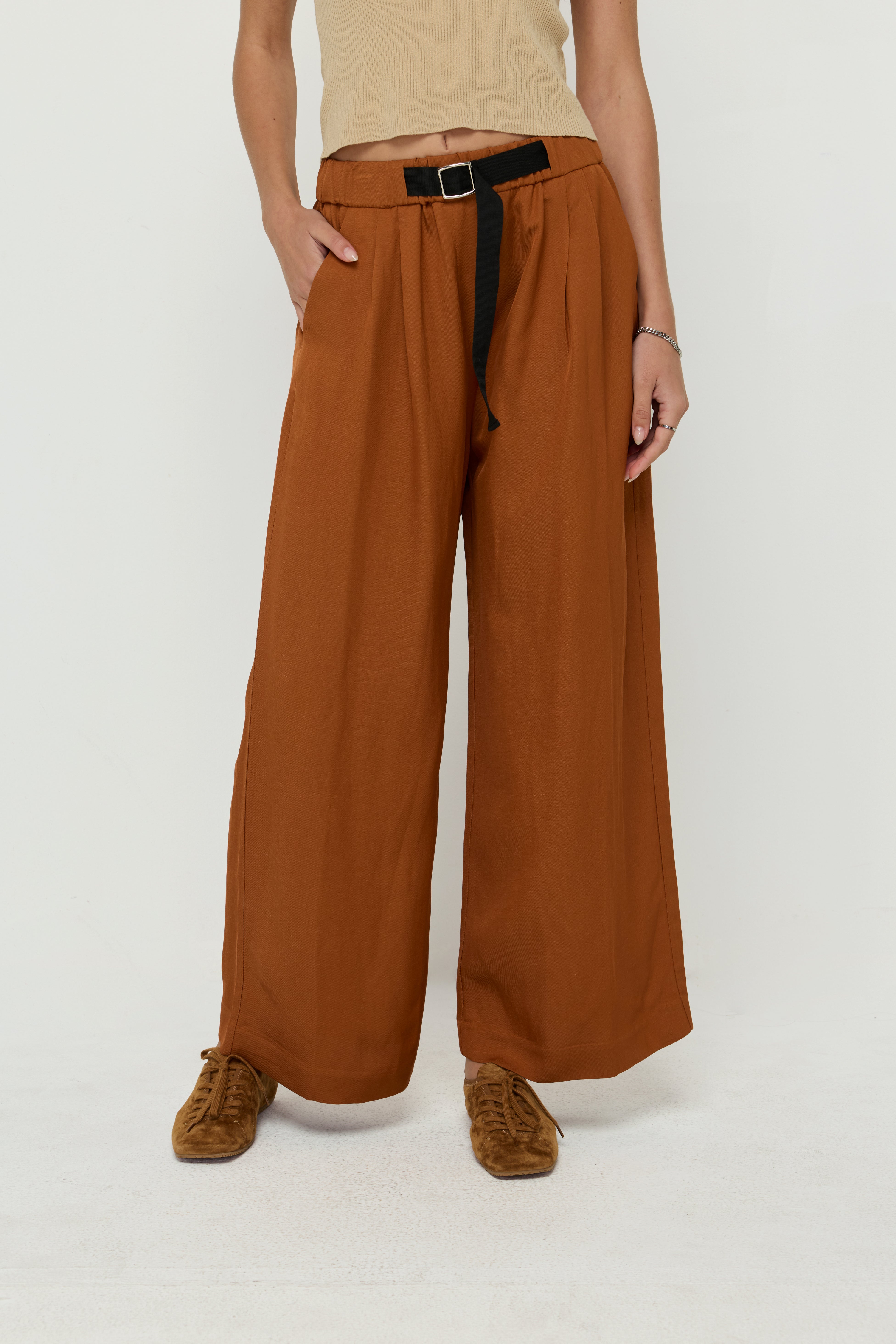 RELAXED BELTED WIDE-LEG TROUSERS